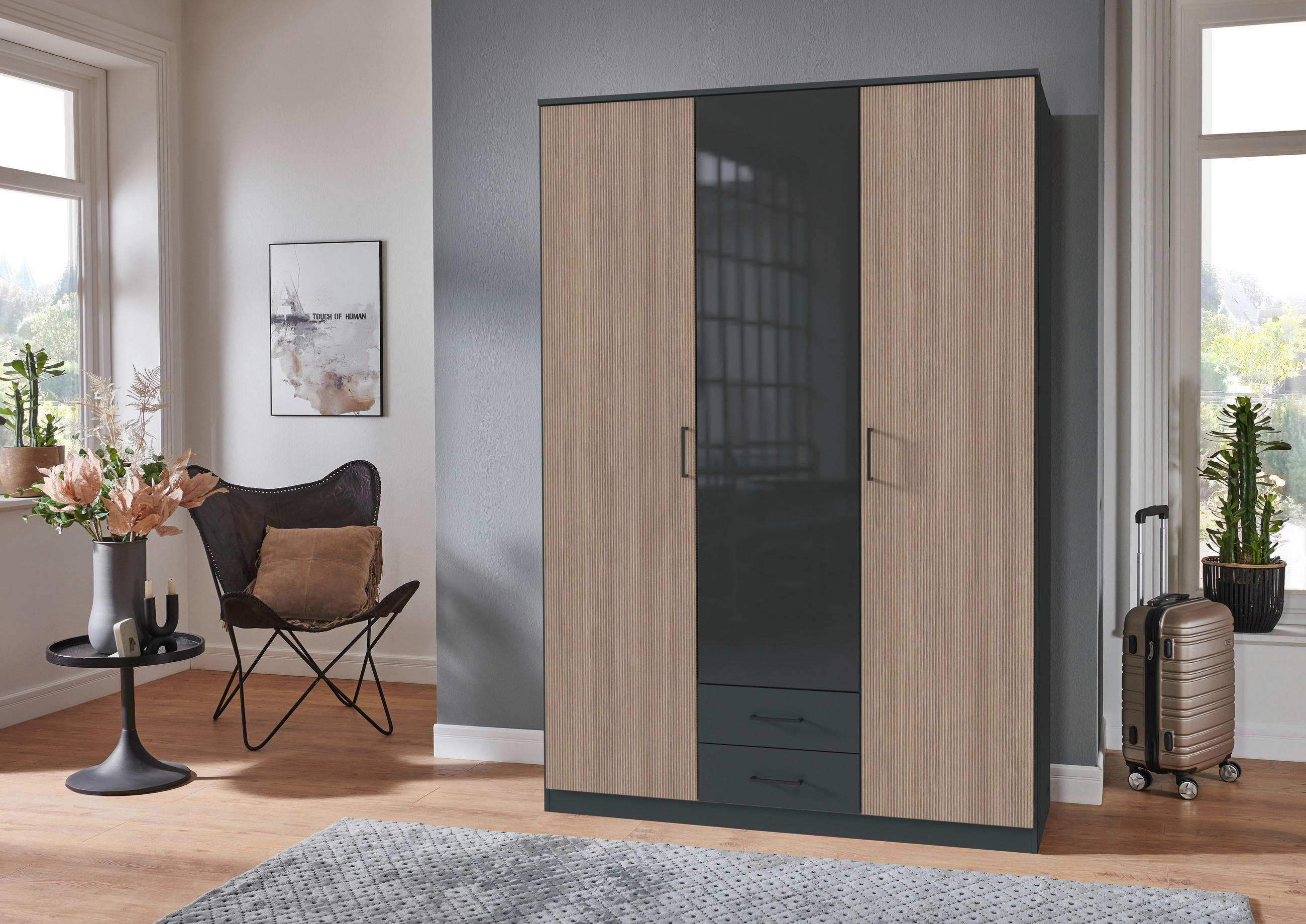KLEIDERSCHRANK 135/199/58 cm 3-türig Graphitfarben, Braun, Dunkelgrau  - Dunkelgrau/Schwarz, KONVENTIONELL, Glas/Holzwerkstoff (135/199/58cm) - Boxxx