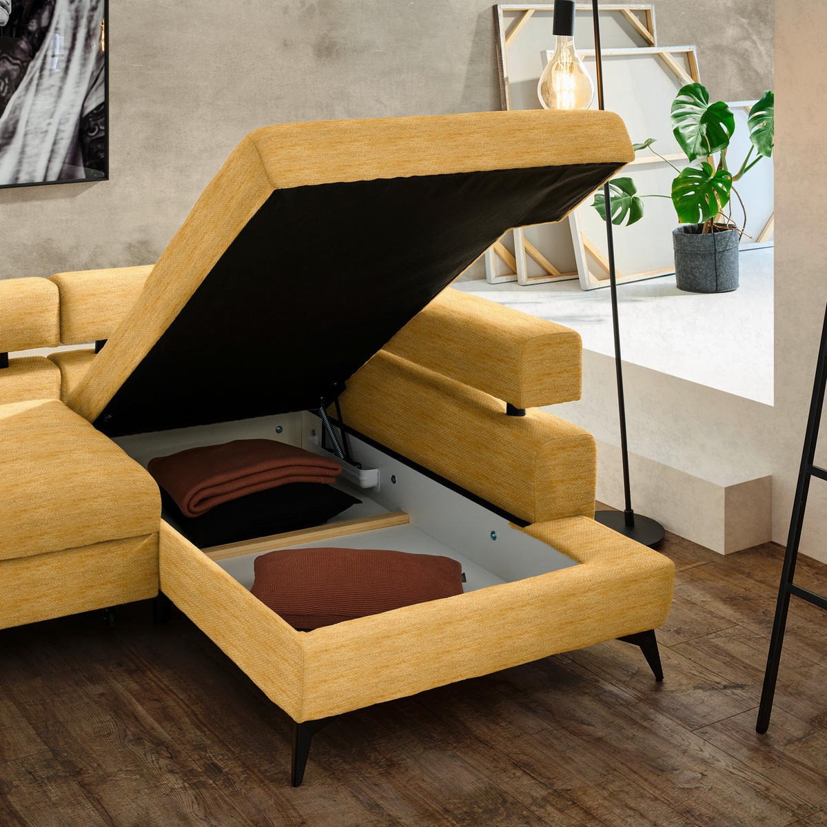 ECKSOFA in Chenille Currygelb  - Currygelb/Schwarz, Konventionell, Textil/Metall (265/184cm) - Hom`in