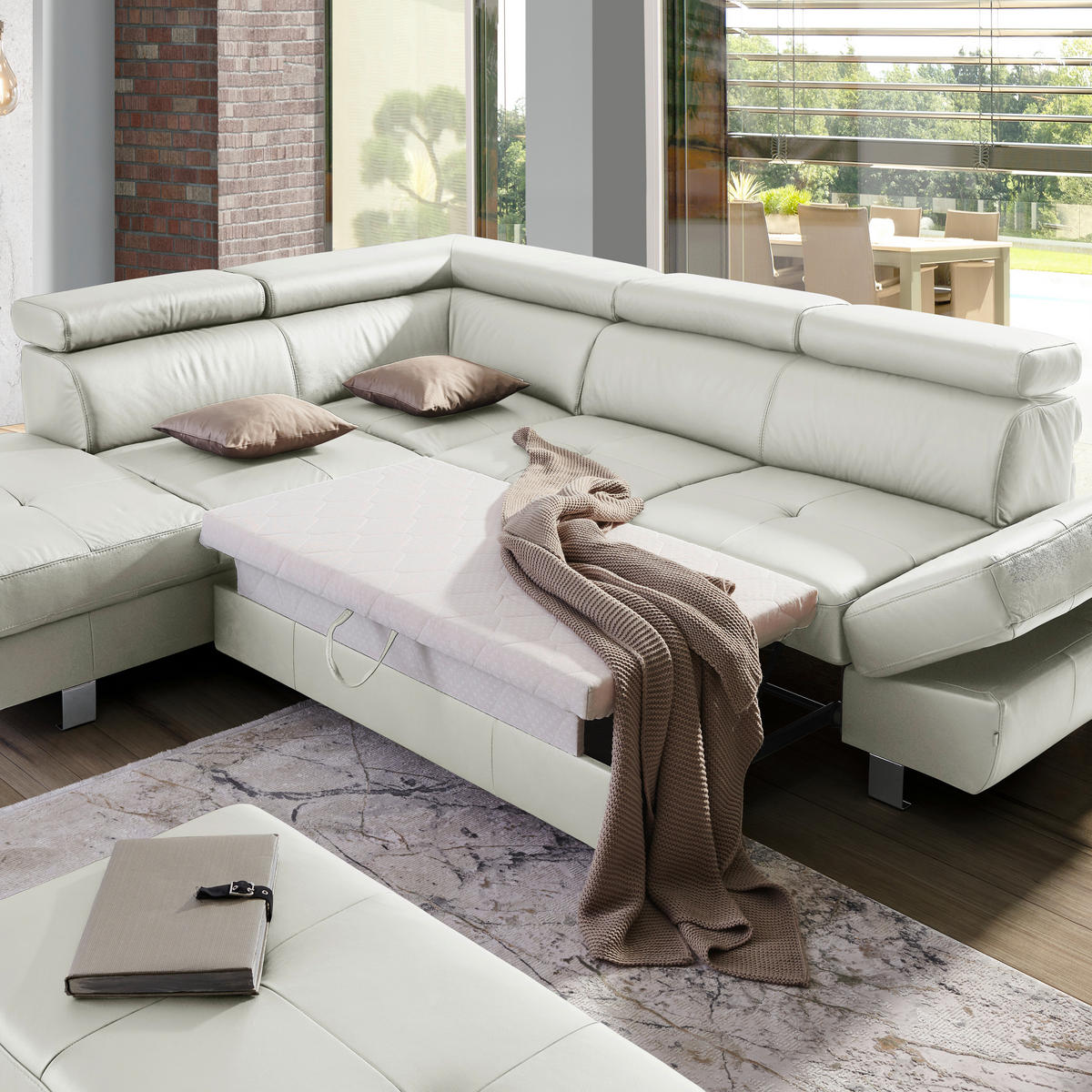 Ecksofa inkl. Funktion Grau Kombination Echtleder/Lederlook Lederlook  - Chromfarben/Grau, Design, Leder/Textil (212/265cm) - Stylife