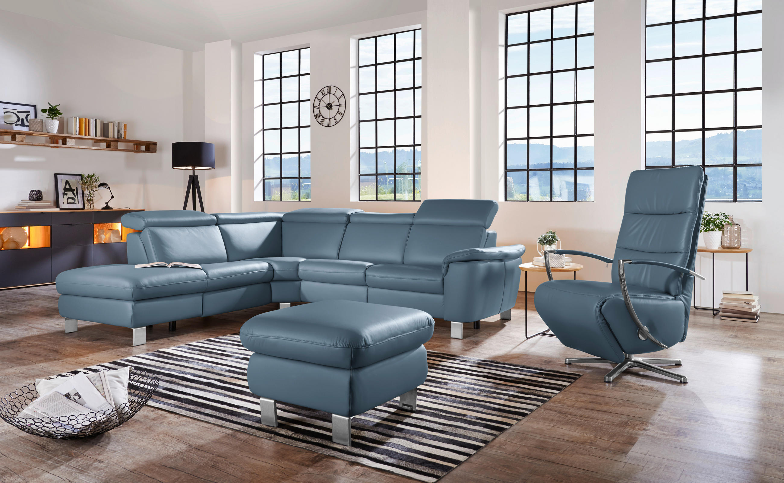ECKSOFA in Echtleder Blau  - Blau/Alufarben, Design, Leder/Metall (239/271cm) - Cantus