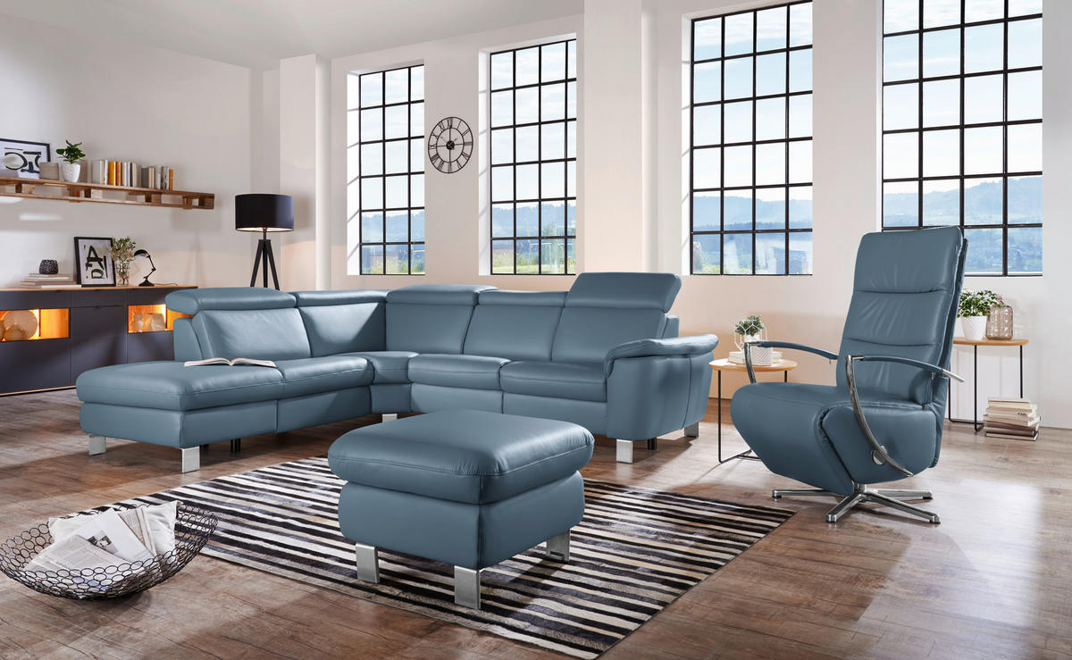 ECKSOFA in Echtleder Blau  239/271 cm  - Blau/Alufarben, Design, Leder/Metall (239/271cm) - Cantus
