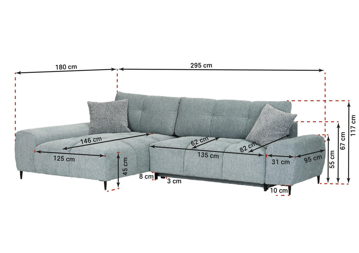 ECKSOFA Hellgrau Flachgewebe  - Hellgrau/Schwarz, KONVENTIONELL, Textil/Metall (180/295cm) - Carryhome
