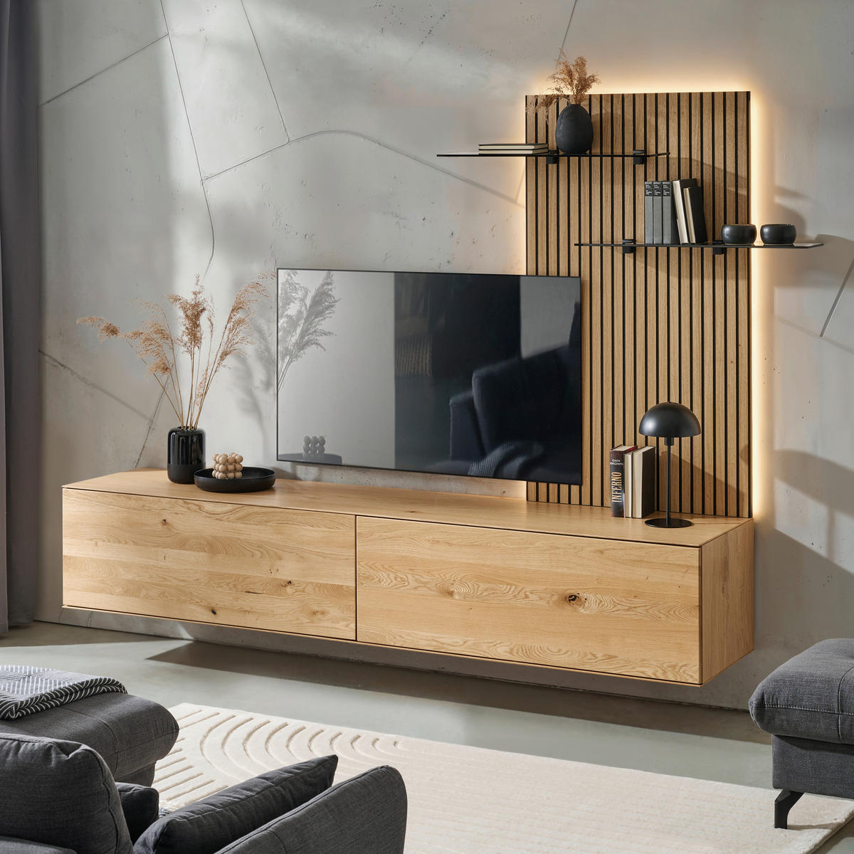 WOHNWAND 2-teilig  in Eichefarben  242/160/50 cm  - Eichefarben, Design, Glas/Holz (242/160/50cm) - Dieter Knoll