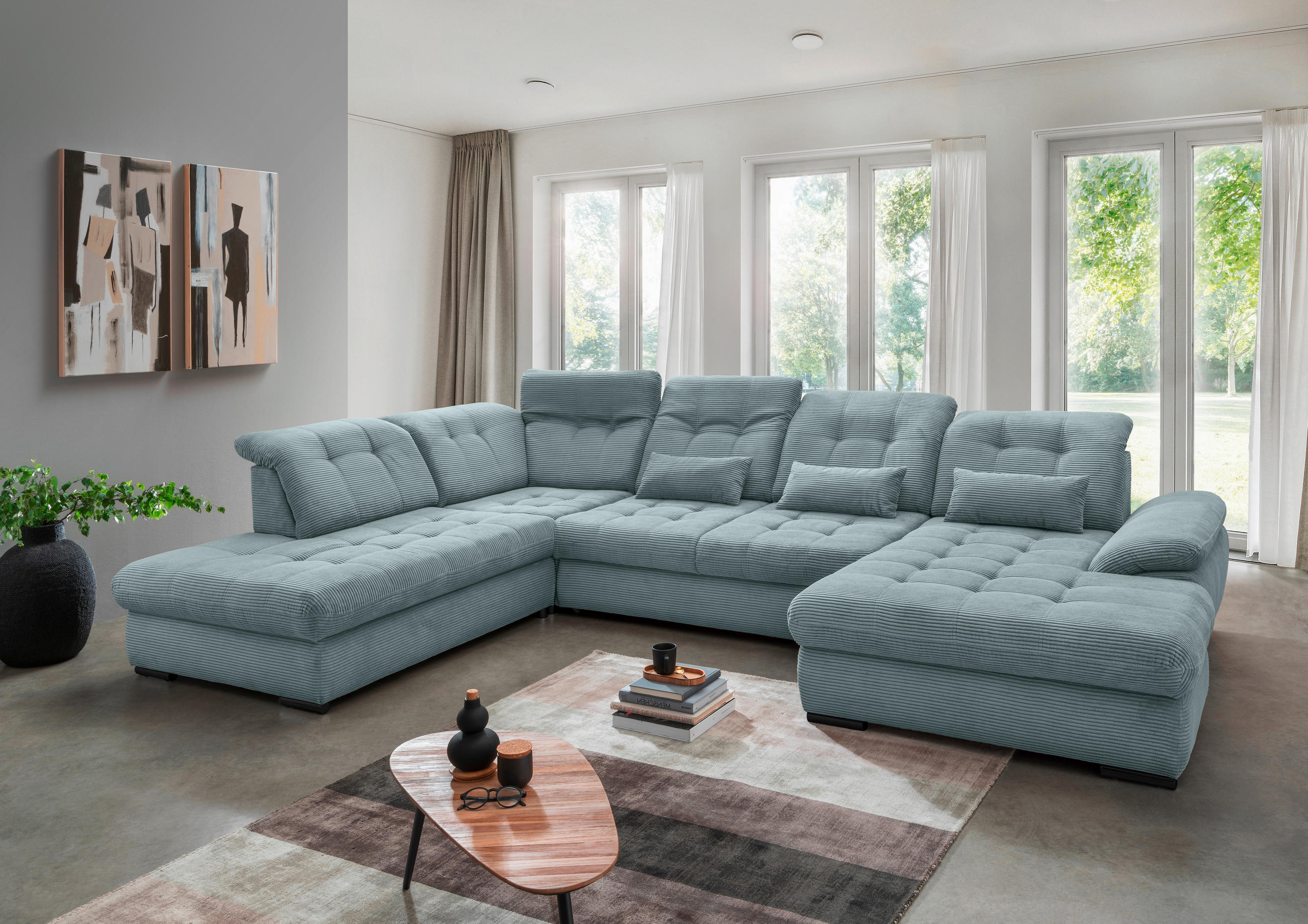 SALON PANORAMIQUE in Cord Hellblau  - bleu clair/noir, Modern, textile/métal (252/387/184cm) - Livetastic