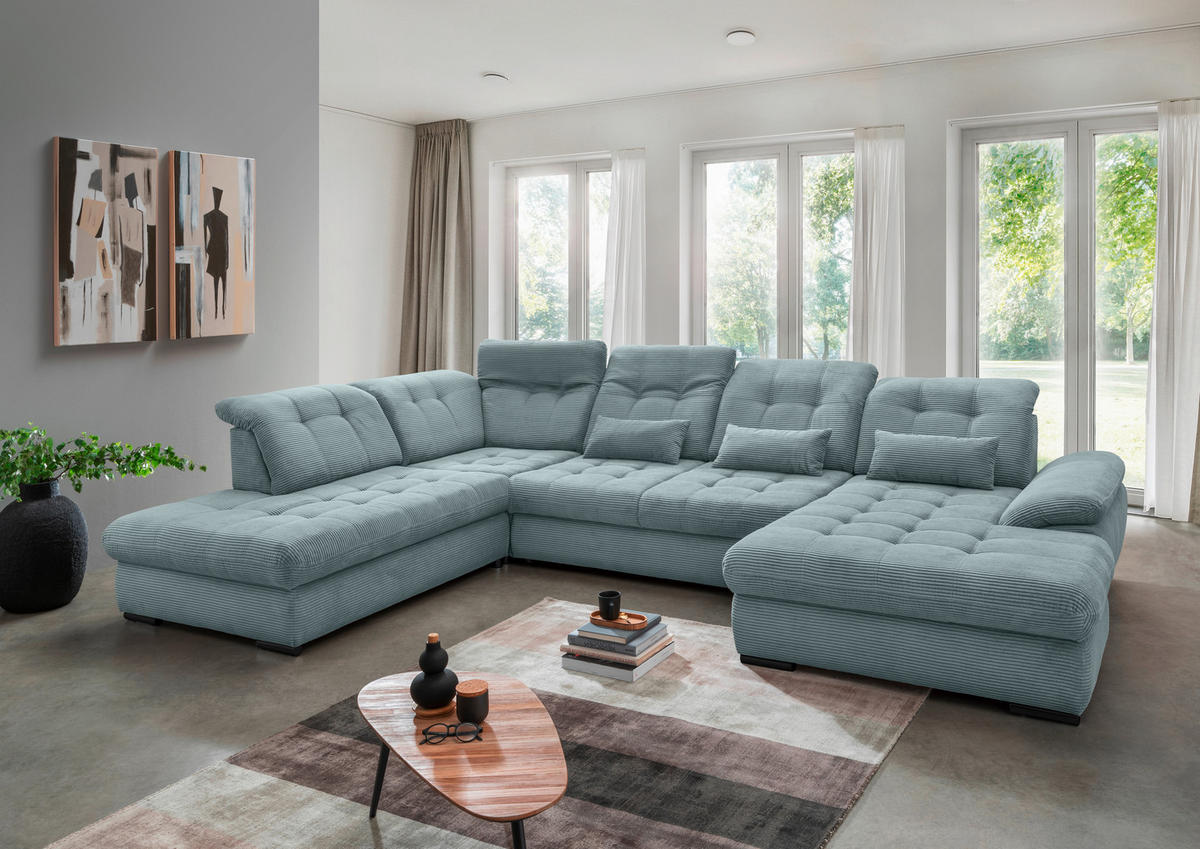 SALON PANORAMIQUE in Cord Hellblau  - bleu clair/noir, Modern, textile/métal (252/387/184cm) - Livetastic