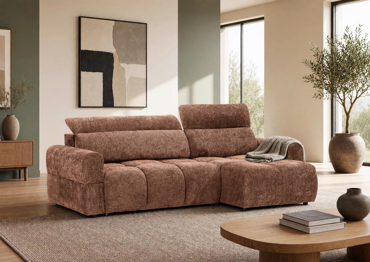 ECKSOFA Altrosa Chenille Bettkasten, Rücken echt, Kopfteilverstellung, Sitztiefenverstellung  - Schwarz/Altrosa, MODERN, Kunststoff/Textil (268/165cm) - Carryhome