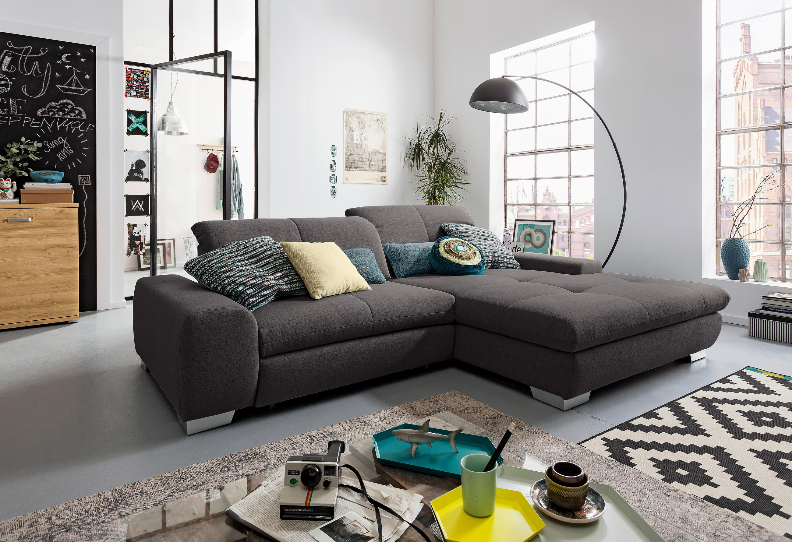 ECKSOFA Dunkelgrau Flachgewebe  - Chromfarben/Dunkelgrau, Design, Textil/Metall (276/198cm) - SetOne by Musterring