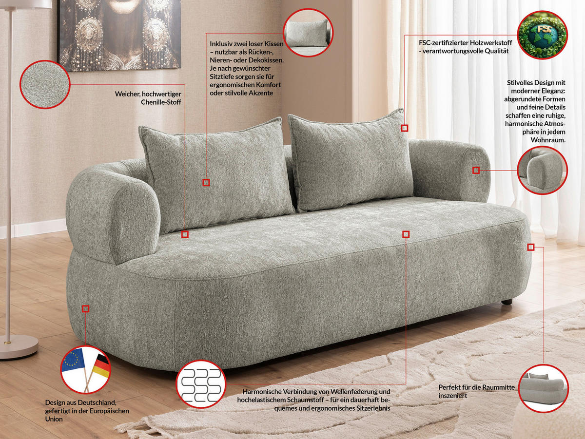 3-SITZER-SOFA Chenille Hellgrau  - Hellgrau/Schwarz, Design, Kunststoff/Textil (200/76/96cm) - Livetastic