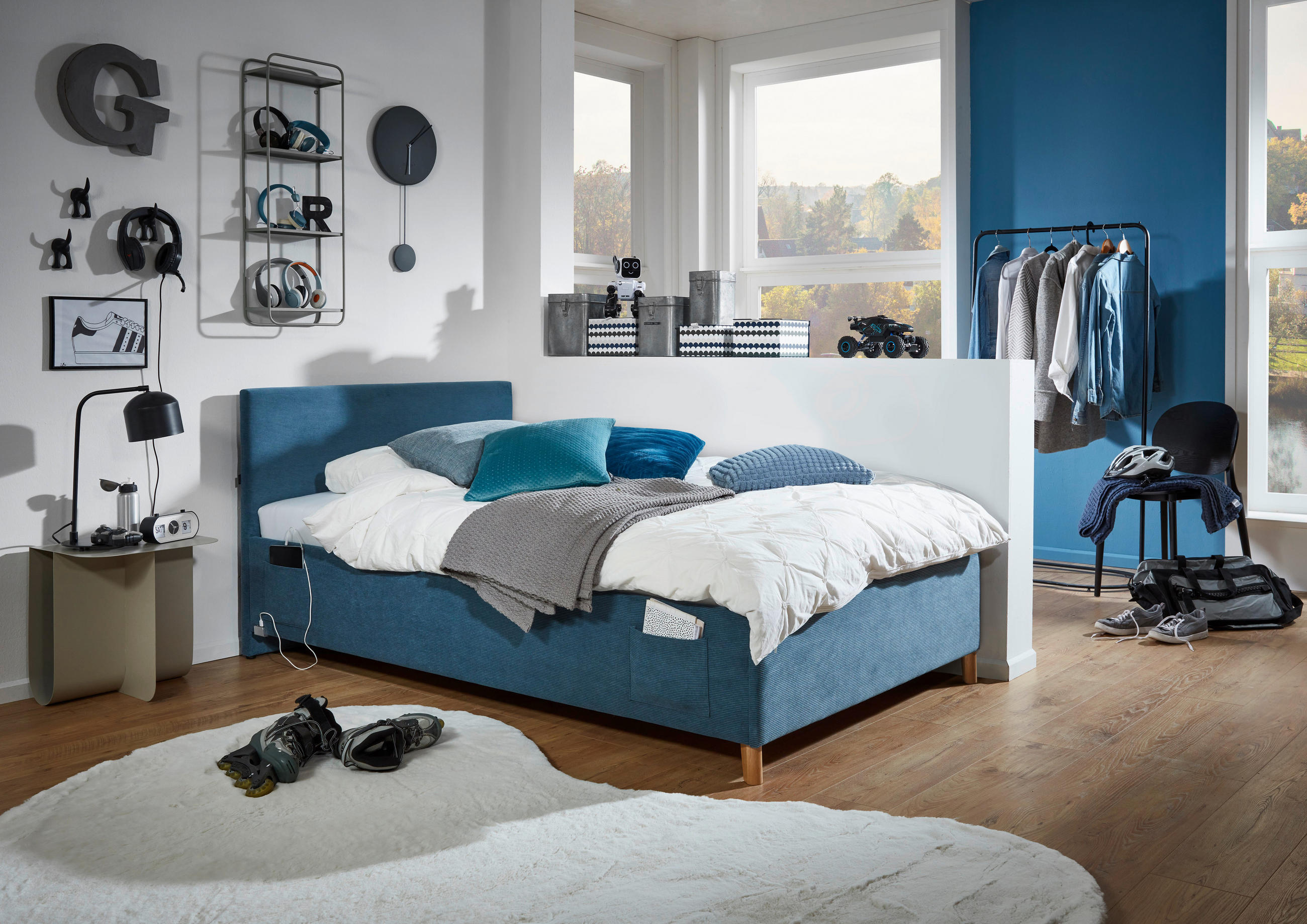 POLSTERBETT 140/200 cm  in Blau  - Blau/Eichefarben, Konventionell, Holz/Textil (140/200cm) - Stylife
