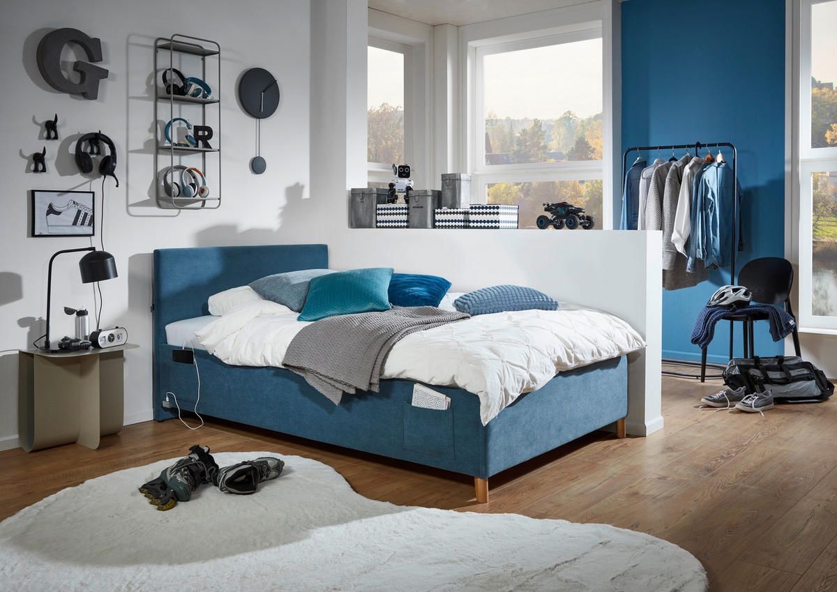 POLSTERBETT 90/200 cm  in Blau  - Blau/Eichefarben, Konventionell, Holz/Textil (90/200cm) - Stylife