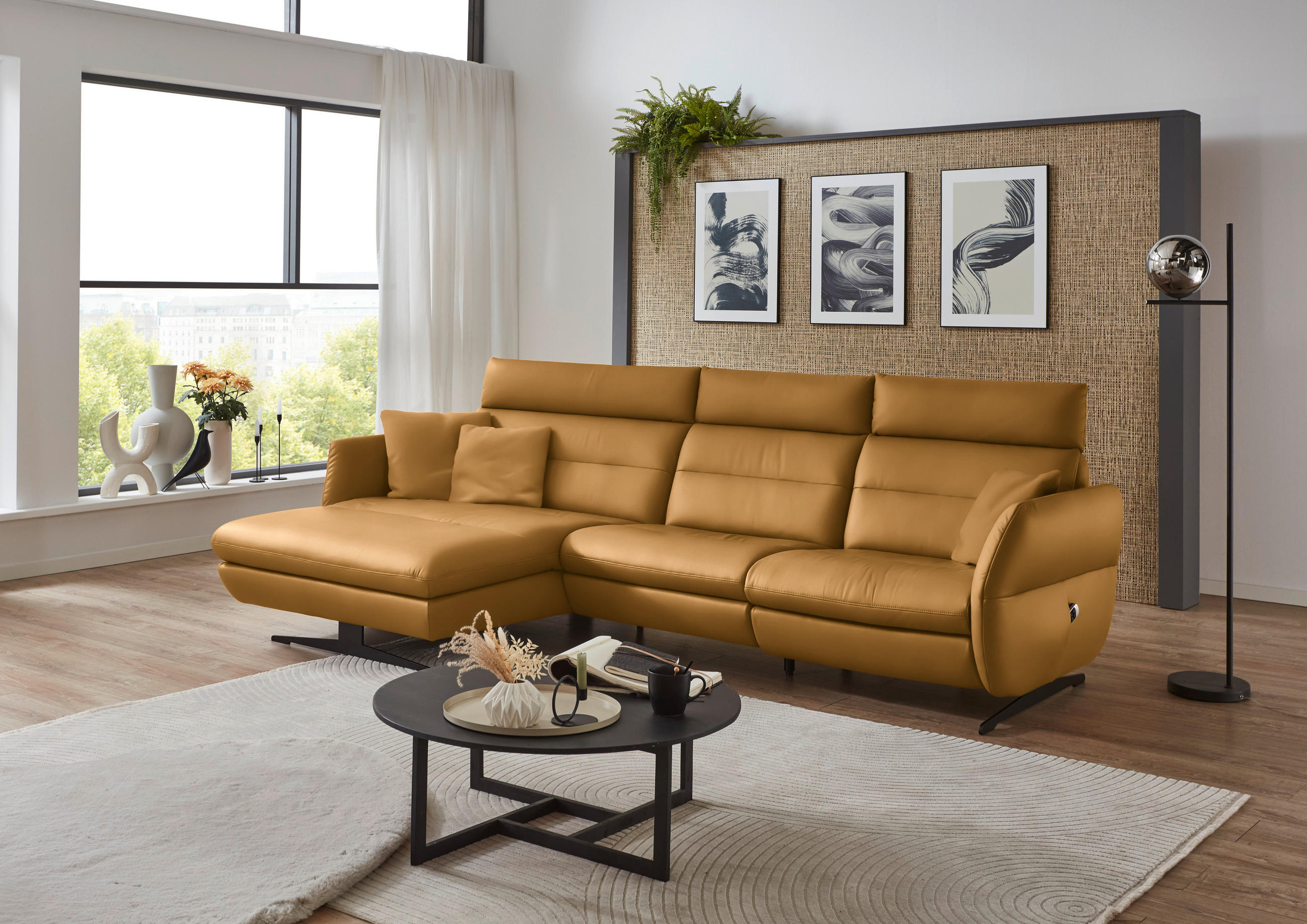 ECKSOFA in Echtleder Currygelb  - Currygelb/Schwarz, Design, Leder/Metall (169/298cm) - Dieter Knoll