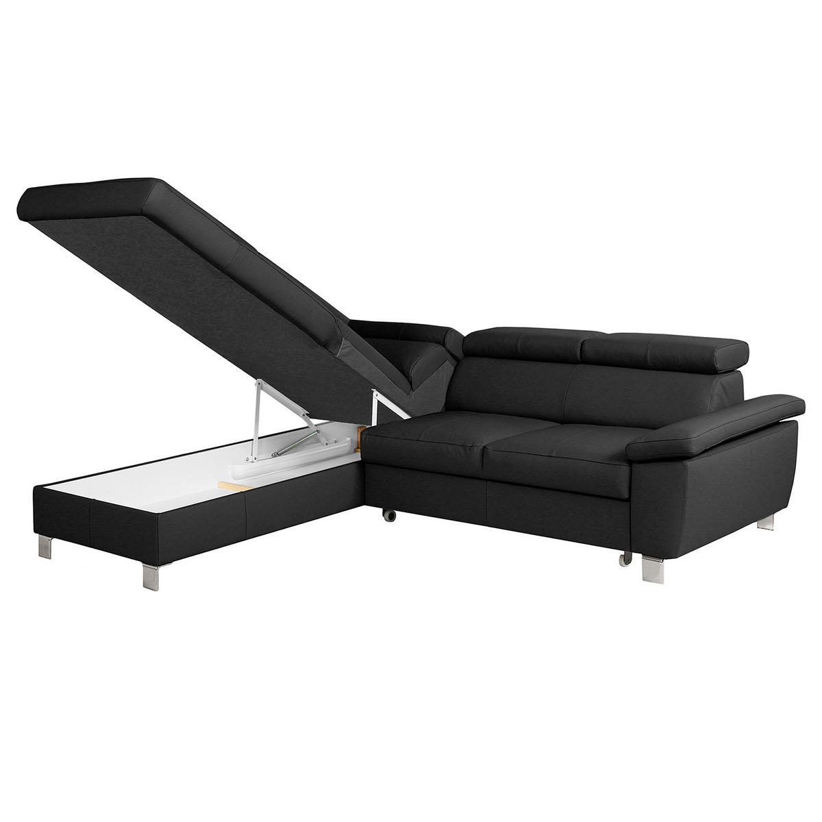 ECKSOFA Schwarz Echtleder Lederlook  - Chromfarben/Schwarz, Design, Leder/Textil (208/248cm) - Livetastic