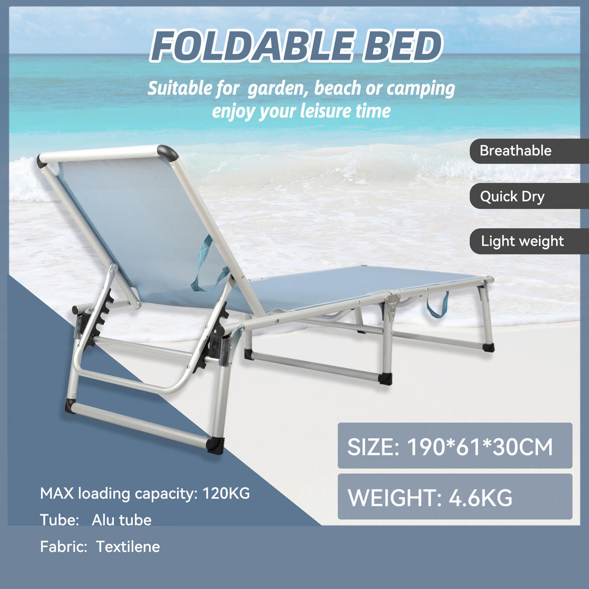 GARTENLIEGE 61/30/190 cm  - Hellblau, Basics, Textil/Metall (61/30/190cm) - Modante