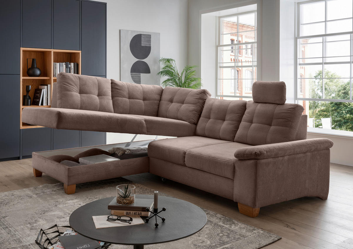 ECKSOFA Graubraun Cord  - Graubraun/Naturfarben, MODERN, Holz/Textil (206/274cm) - Livetastic