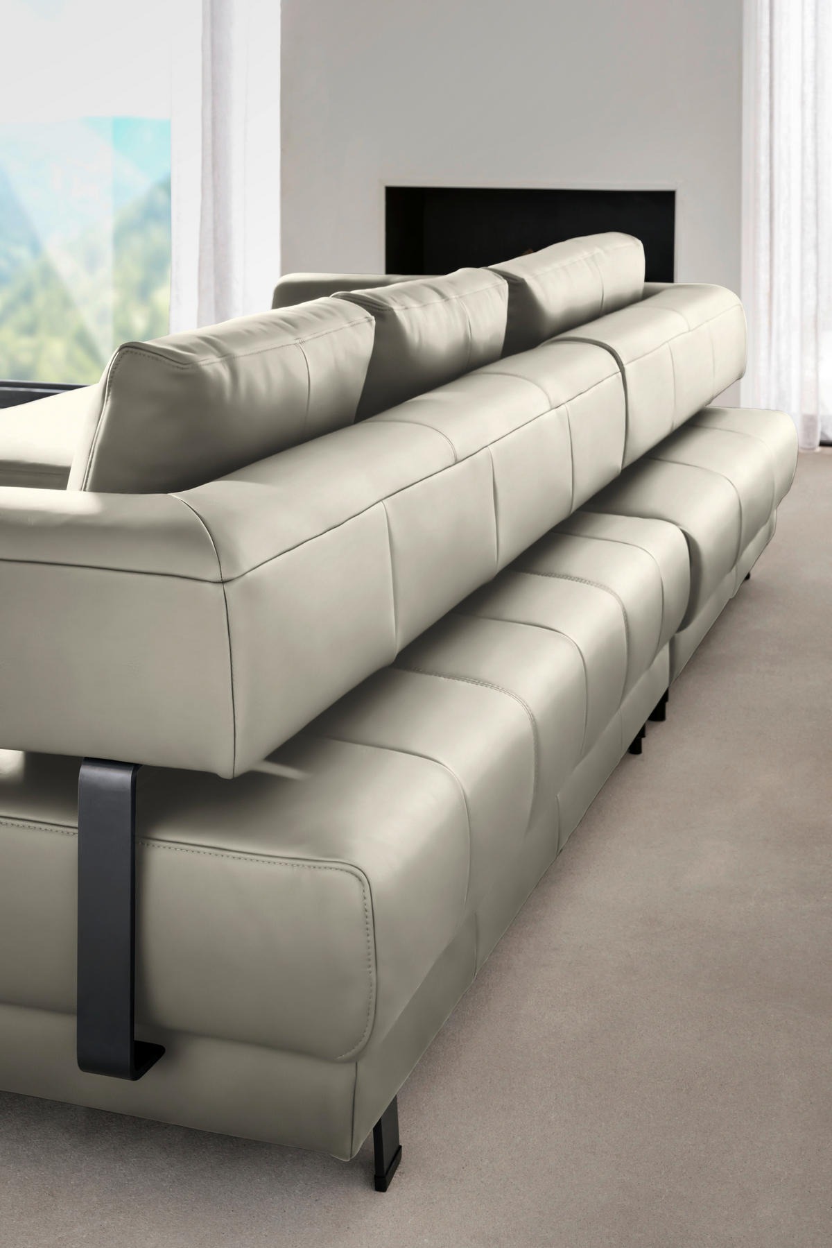 ECKSOFA in Echtleder Creme, Naturfarben  - Creme/Schwarz, Design, Leder/Metall (188/307cm)