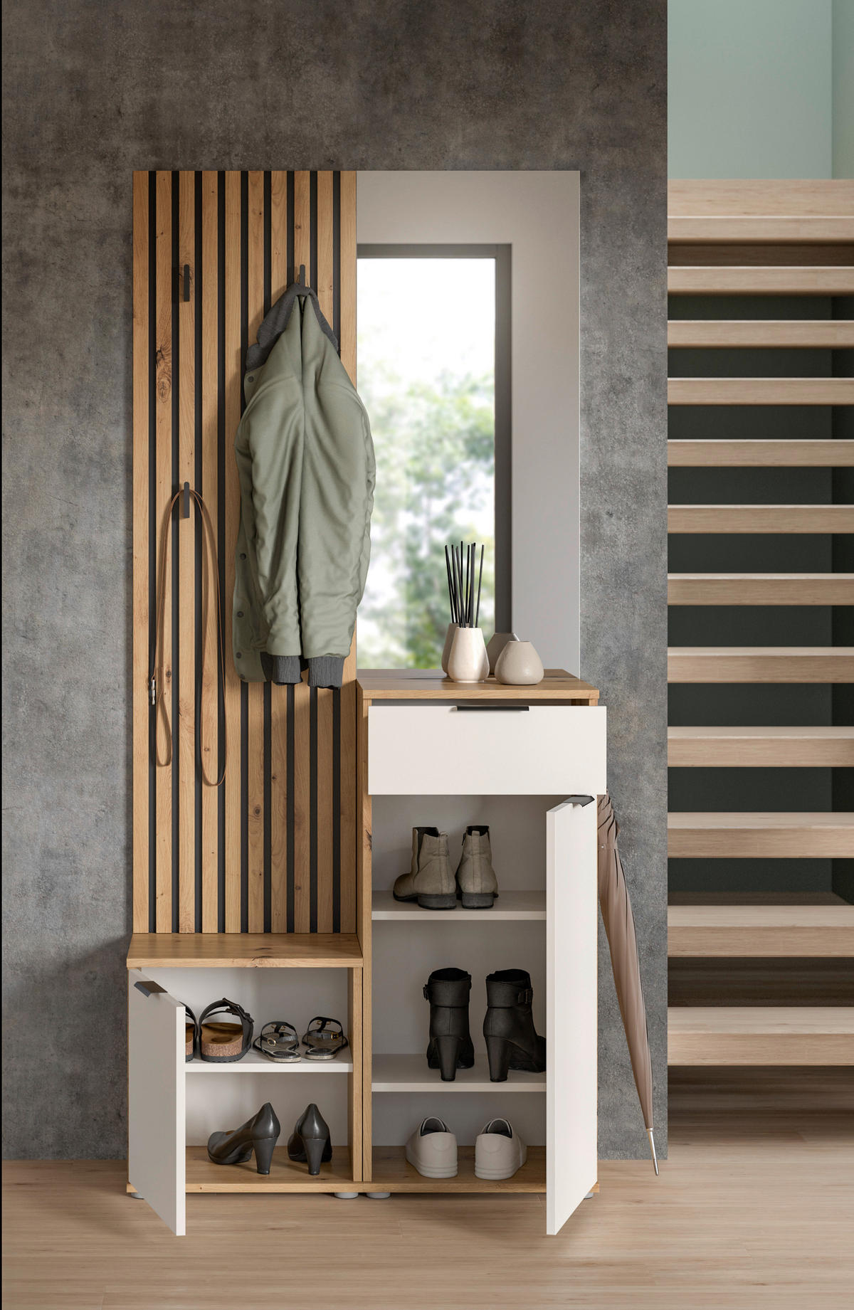 GARDEROBE 4-teilig  in 88/195/35 cm  - Weiß/Eiche Artisan, Design, Glas/Holzwerkstoff (88/195/35cm) - Xora