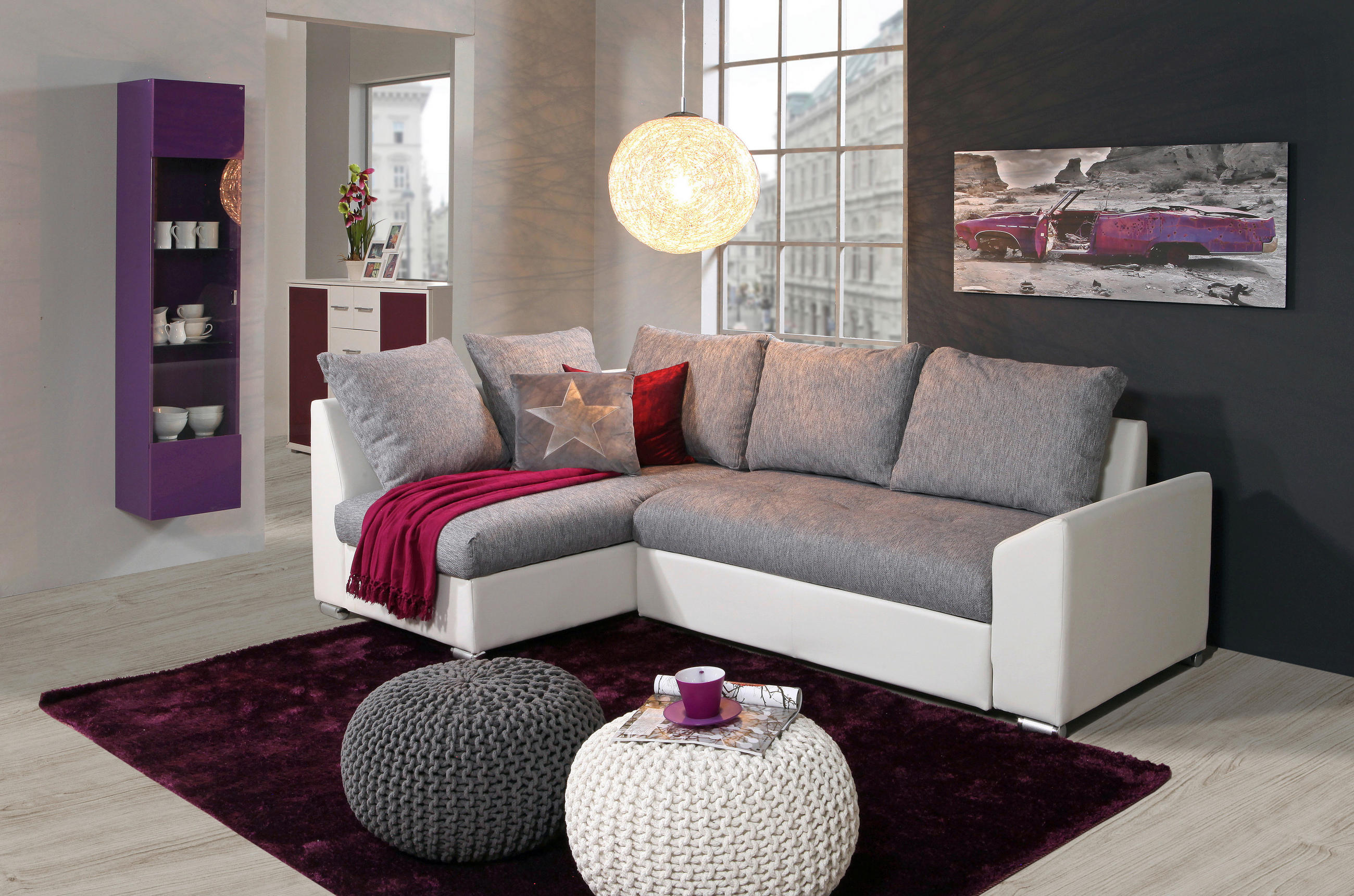 SEDEŽNA GARNITURA, siva, bela  - siva/bela, Design, kovina/tekstil (150/240cm) - Boxxx