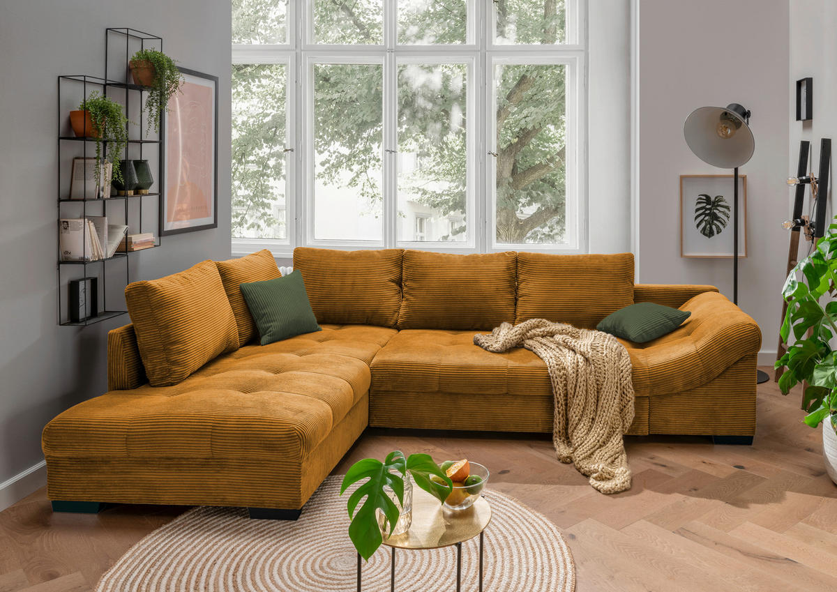 ECKSOFA Cognac Cord  - Dunkelgrün/Cognac, Design, Holz/Textil (202/298cm) - MID.YOU