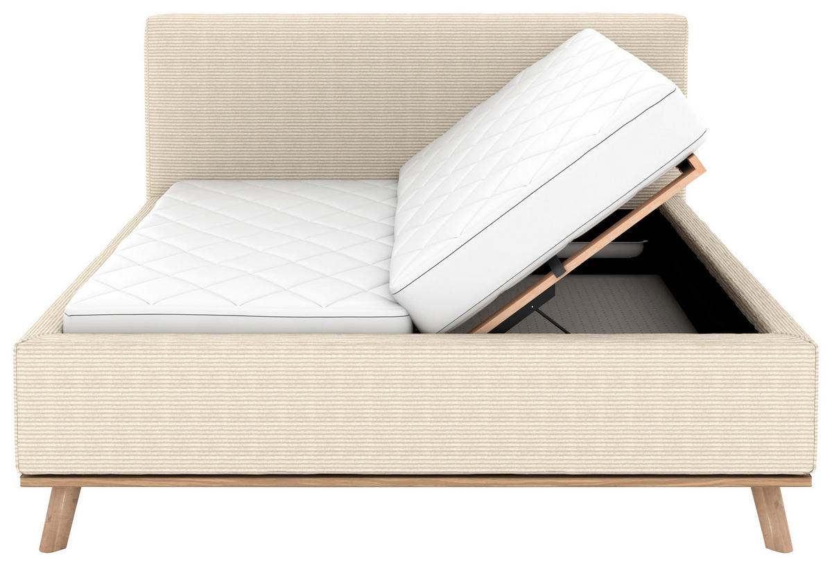 POLSTERBETT 180/200 cm,  in Creme, Matratze, Lattenrost, Bettkasten, unterschiedliche Matratzenhärtegrade je Bettseite, H2 + H3 = mittel + fest  - Eichefarben/Creme, Design, Holz/Textil (180/200cm) - Musterring