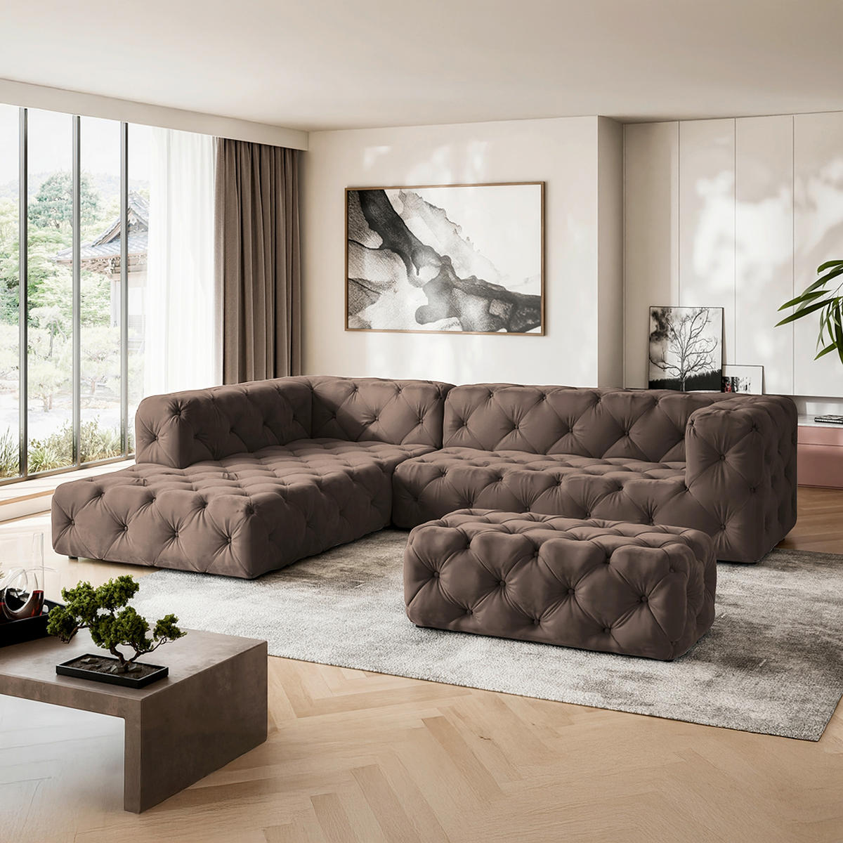 ECKSOFA Fresco in Samt Braun  228/325 cm  - Schwarz/Braun, Design, Kunststoff/Textil (228/325cm) - P & B