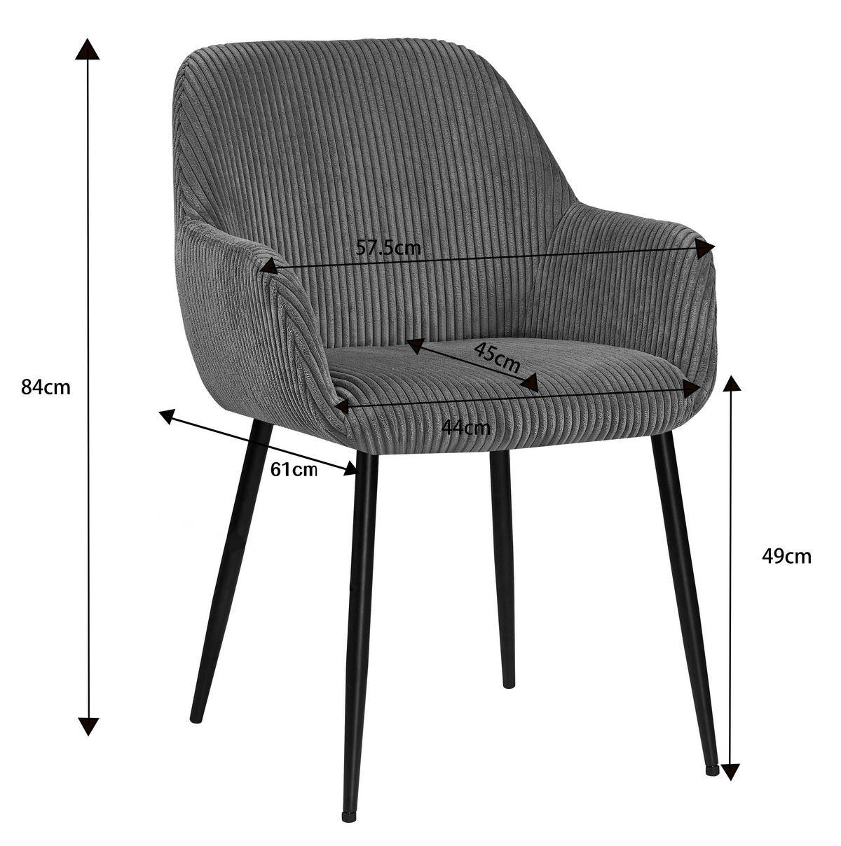 ARMLEHNSTUHL  in Eisen Cord  - Dunkelgrau/Schwarz, Design, Textil/Metall (57/85/60cm) - Xora