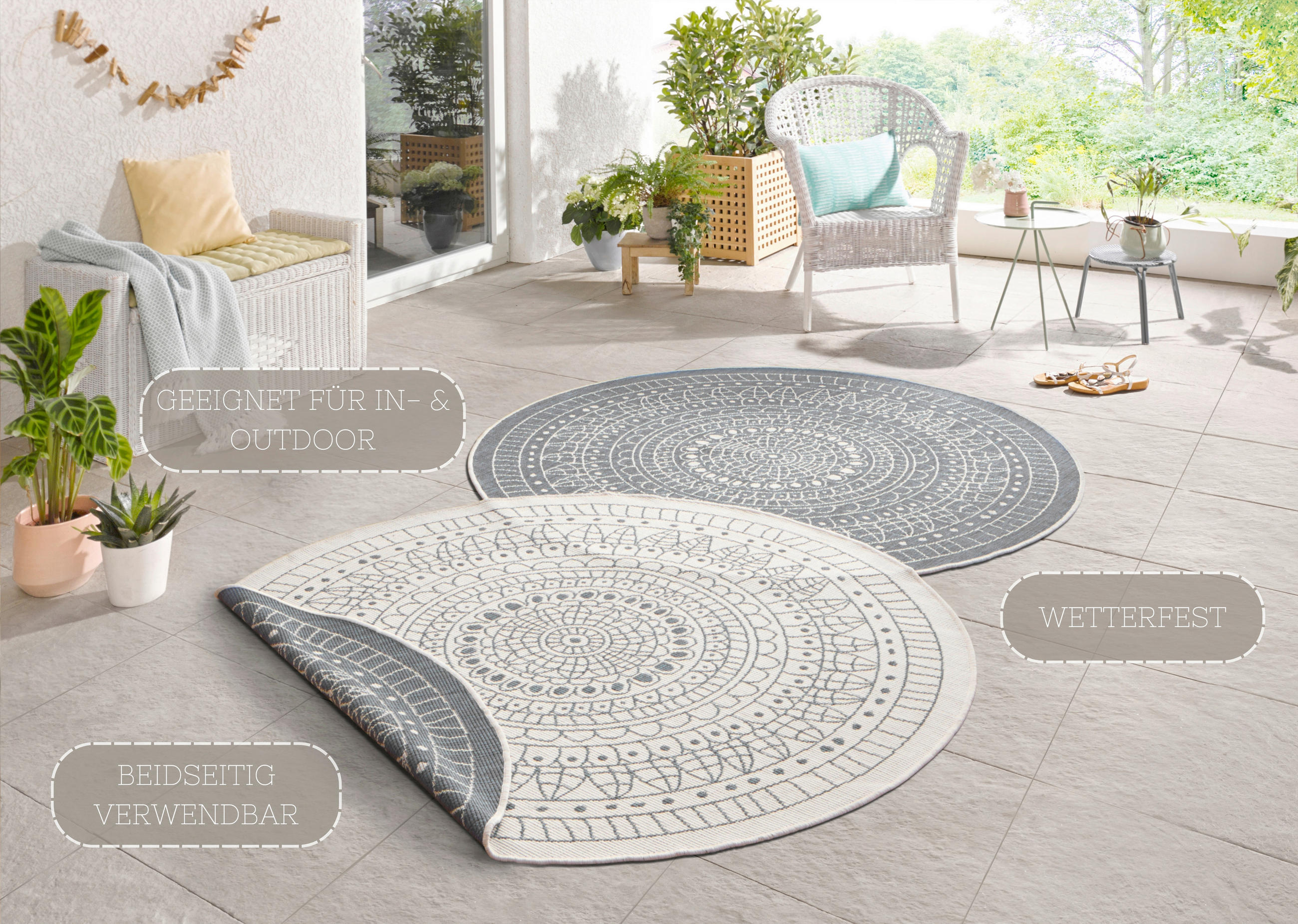 OUTDOORTEPPICH 100 cm Twin Creme, Grau  - Creme/Grau, Design, Kunststoff (100cm)