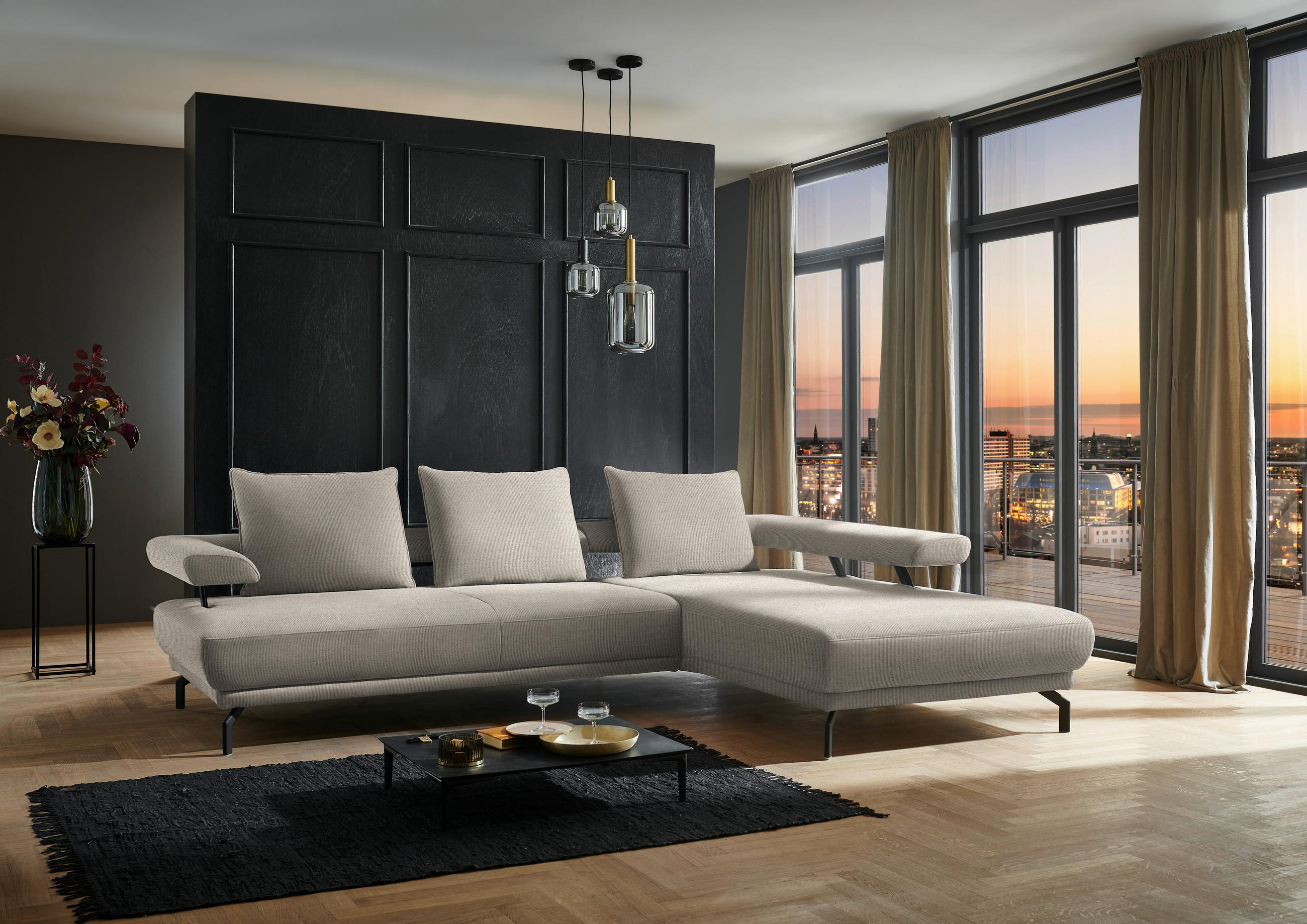 ECKSOFA in Chenille Greige  - Greige/Schwarz, Design, Textil/Metall (305/224cm) - Dieter Knoll