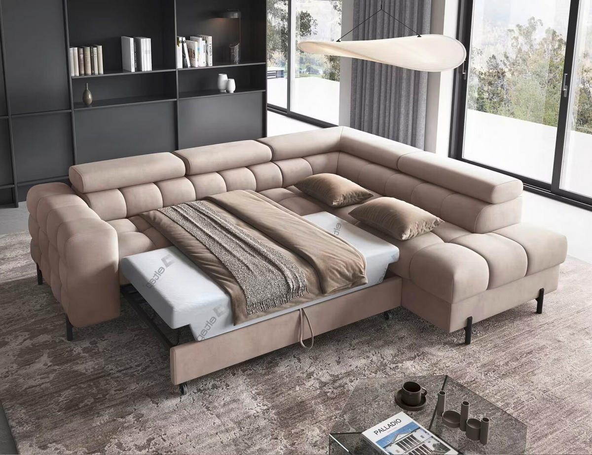 ECKSOFA Beige Plüsch  - Beige/Schwarz, Design, Textil/Metall (276/200cm) - MID.YOU