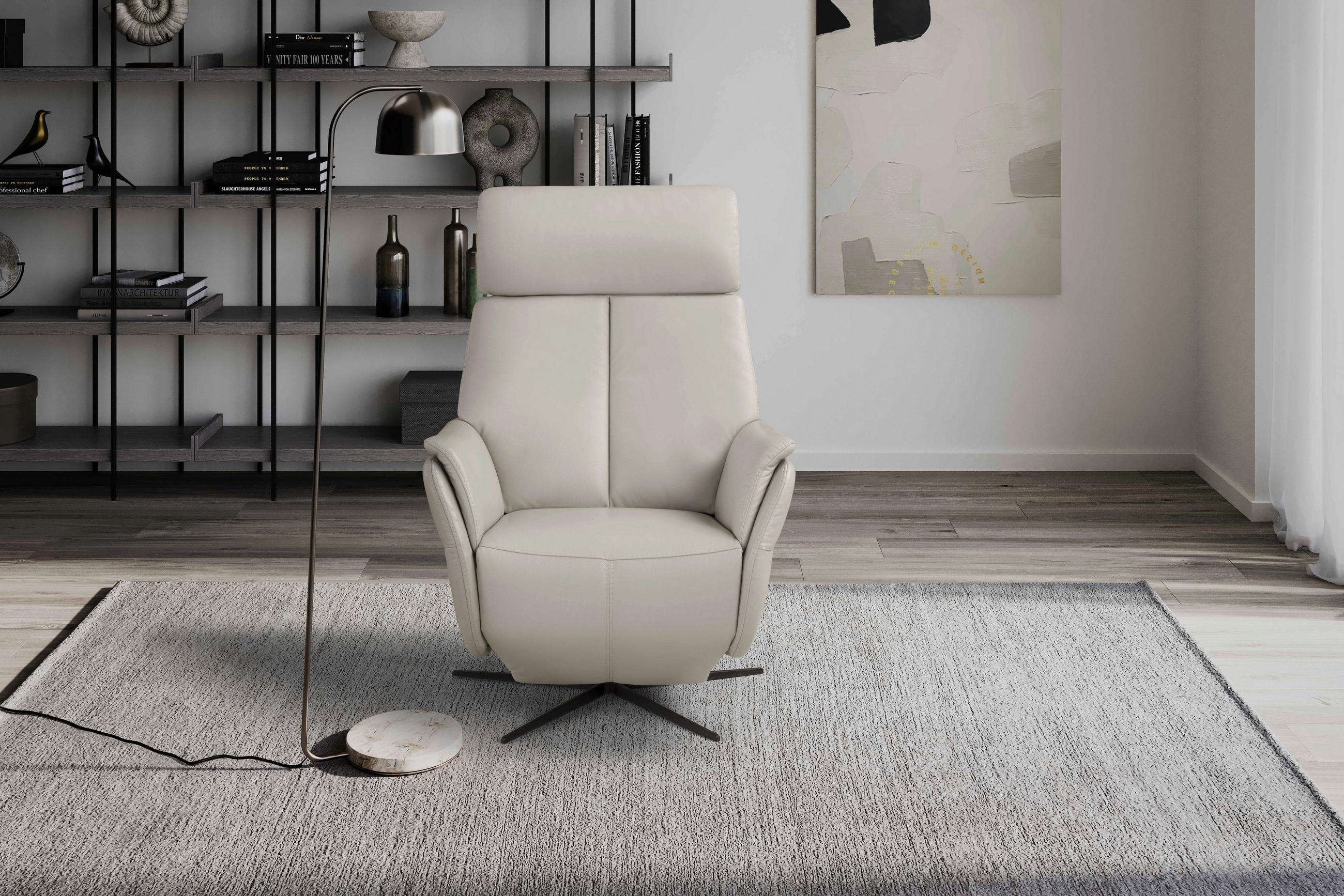 RELAXSESSEL Argo Echtleder Relaxfunktion, Kopfteilverstellung, Rücken echt    - Hellgrau, Design, Leder (71/110/80cm) - Novel