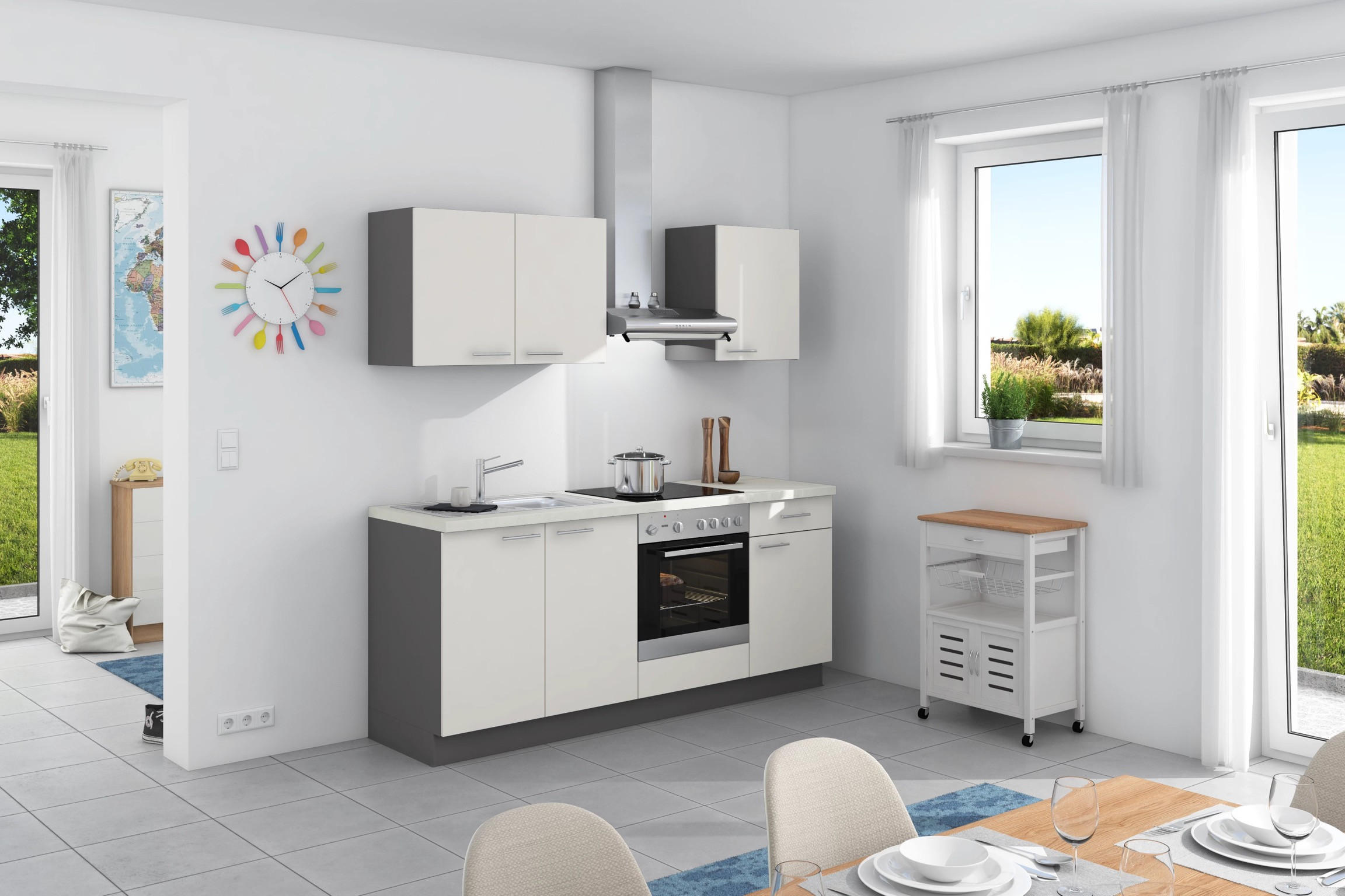 Küchenzeile Base ohne Geräte 200 cm Weiß/Anthrazit