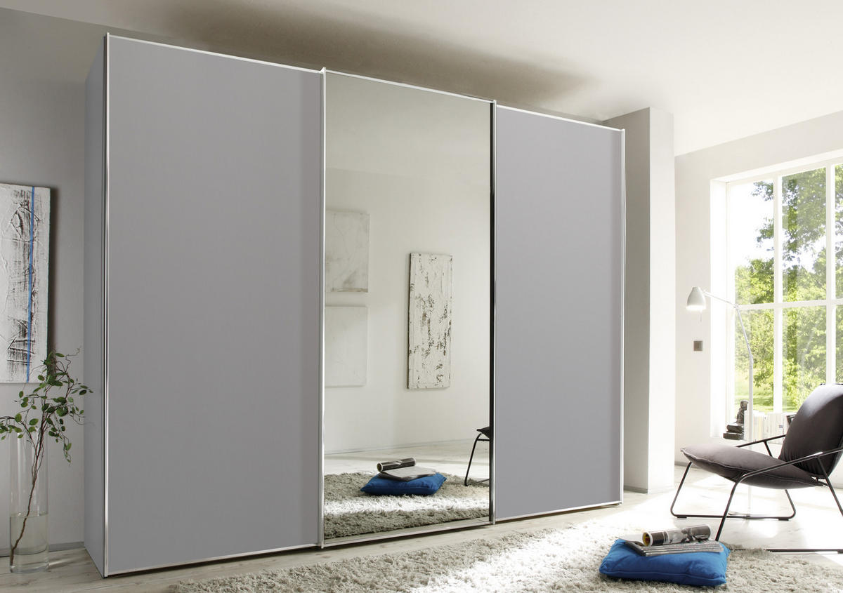 SCHWEBETÜRENSCHRANK in Hellgrau  - Chromfarben/Hellgrau, Basics, Glas/Holzwerkstoff (249/240/68cm) - Moderano
