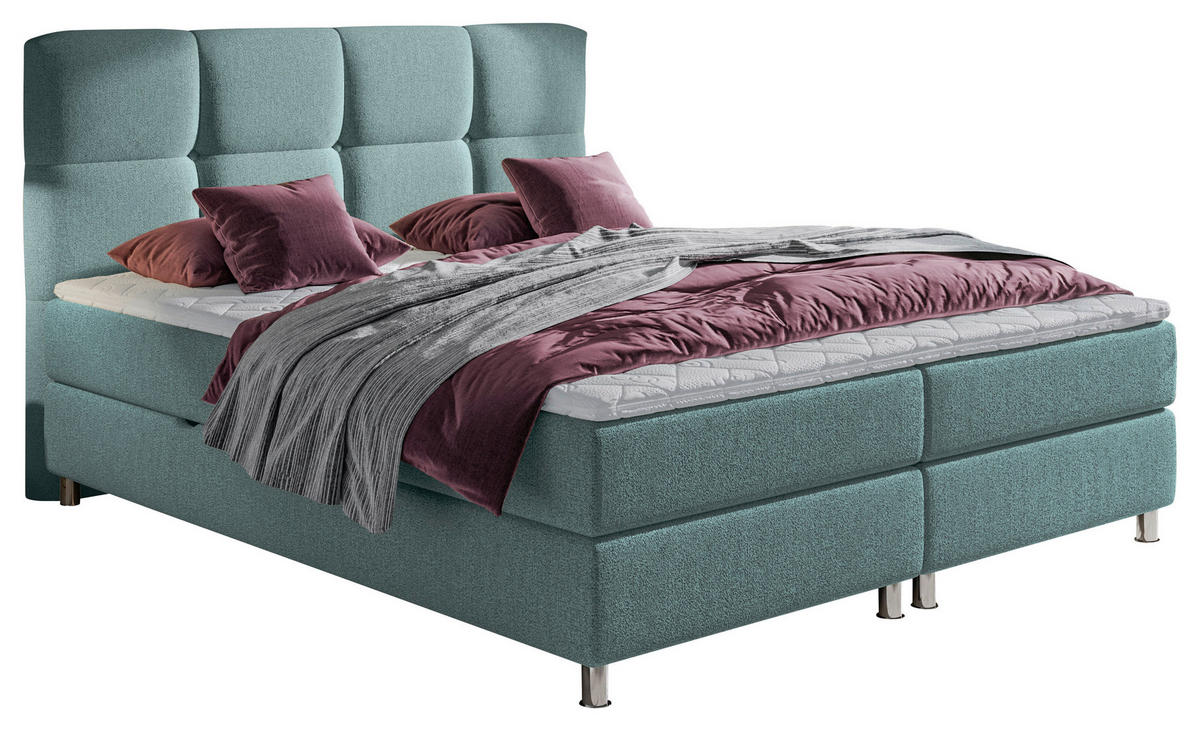 BOXBETT 140/200 cm,  in Petrol, Matratze, gepolstertes Kopfteil, Bettkasten, Topper, H3 = fest  - Chromfarben/Petrol, Design, Textil/Metall (140/200cm) - Ti'me