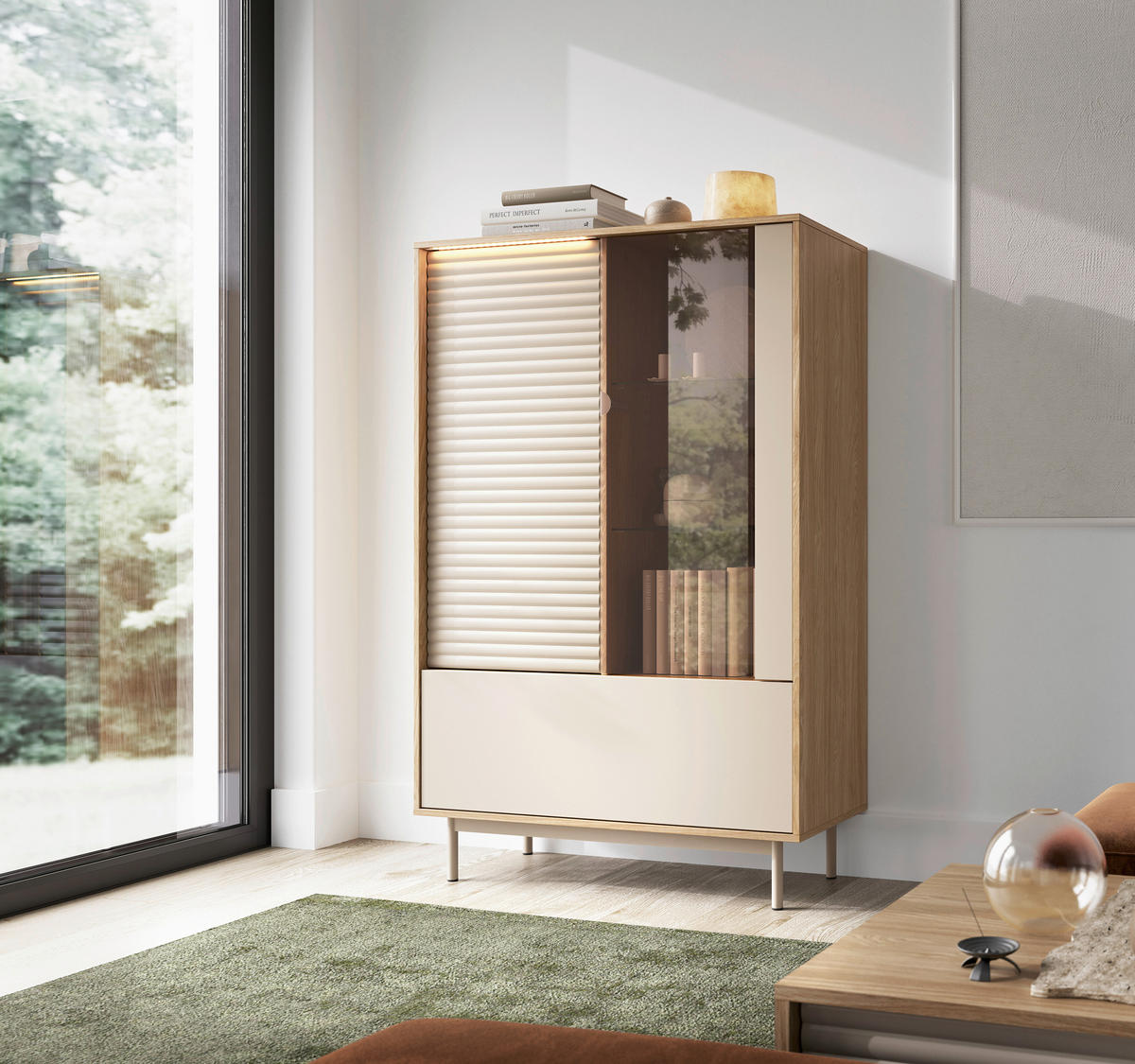 VITRINE  in Eichefarben, Kaschmir  - Kaschmir/Eichefarben, MODERN, Glas/Holzwerkstoff (100,1/152,1/40cm) - home24