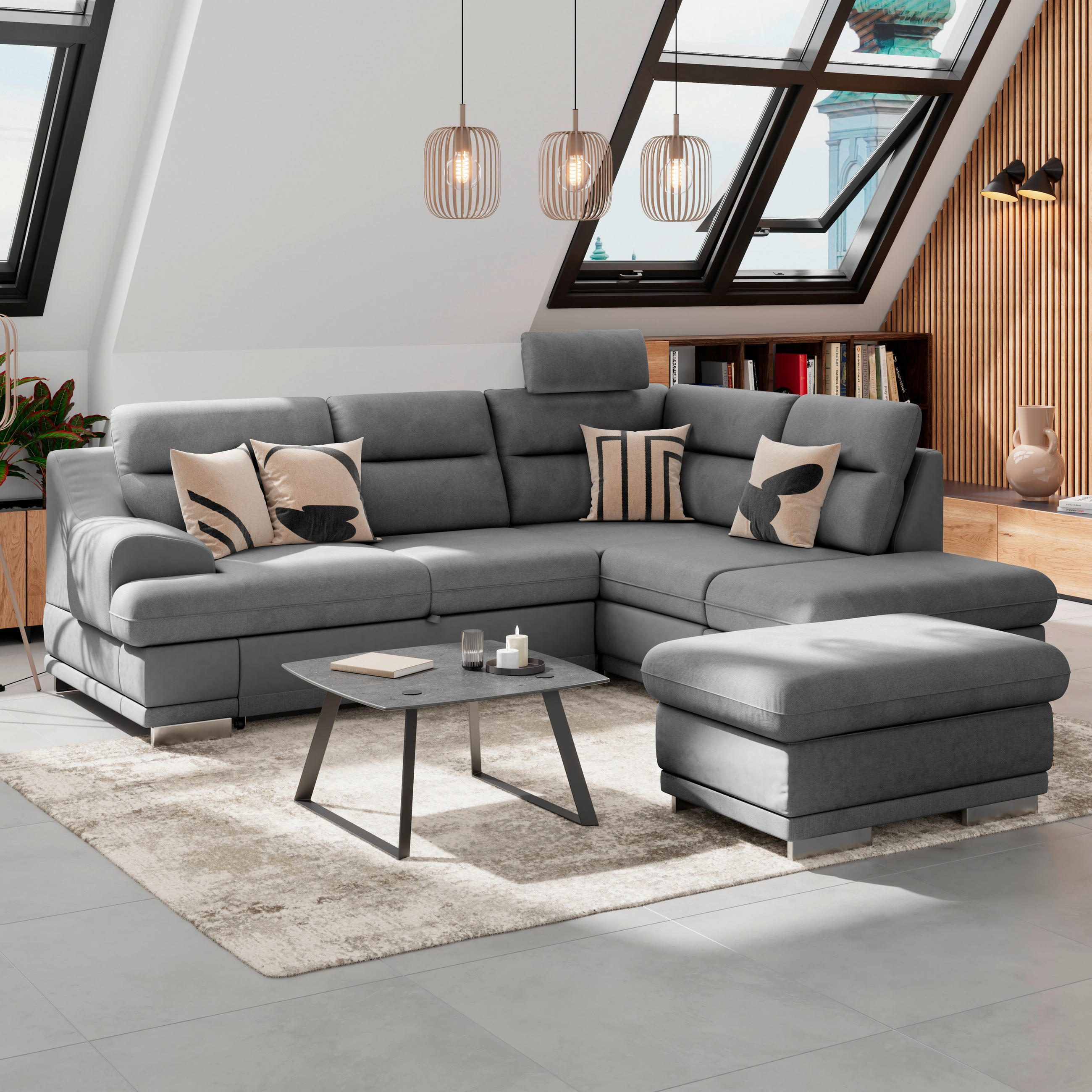 WOHNLANDSCHAFT in Velours Dunkelgrau  - Chromfarben/Dunkelgrau, Konventionell, Textil/Metall (264/217cm) - MID.YOU