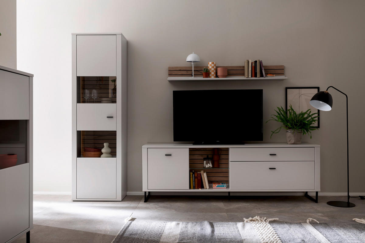 WOHNWAND  in Weiss, Eichefarben 287/206/44 cm  - Weiss/Eichefarben, Design, Glas/Holzwerkstoff (287/206/44cm) - Stylife