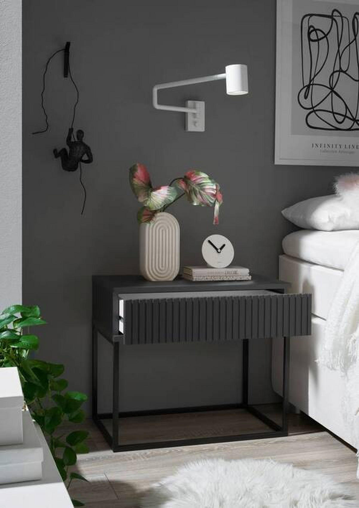 NOČNA OMARICA, barve grafita, črna  - črna/barve grafita, Moderno, kovina/leseni material (60/52/38,5cm) - Livetastic