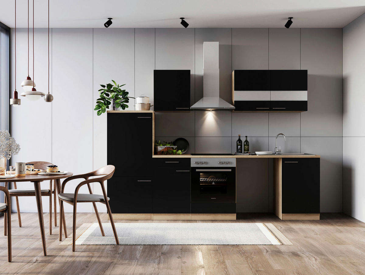 KÜCHENBLOCK 280 cm   in Schwarz  - Edelstahlfarben/Eichefarben, Basics, Glas/Holzwerkstoff (280cm) - Respekta