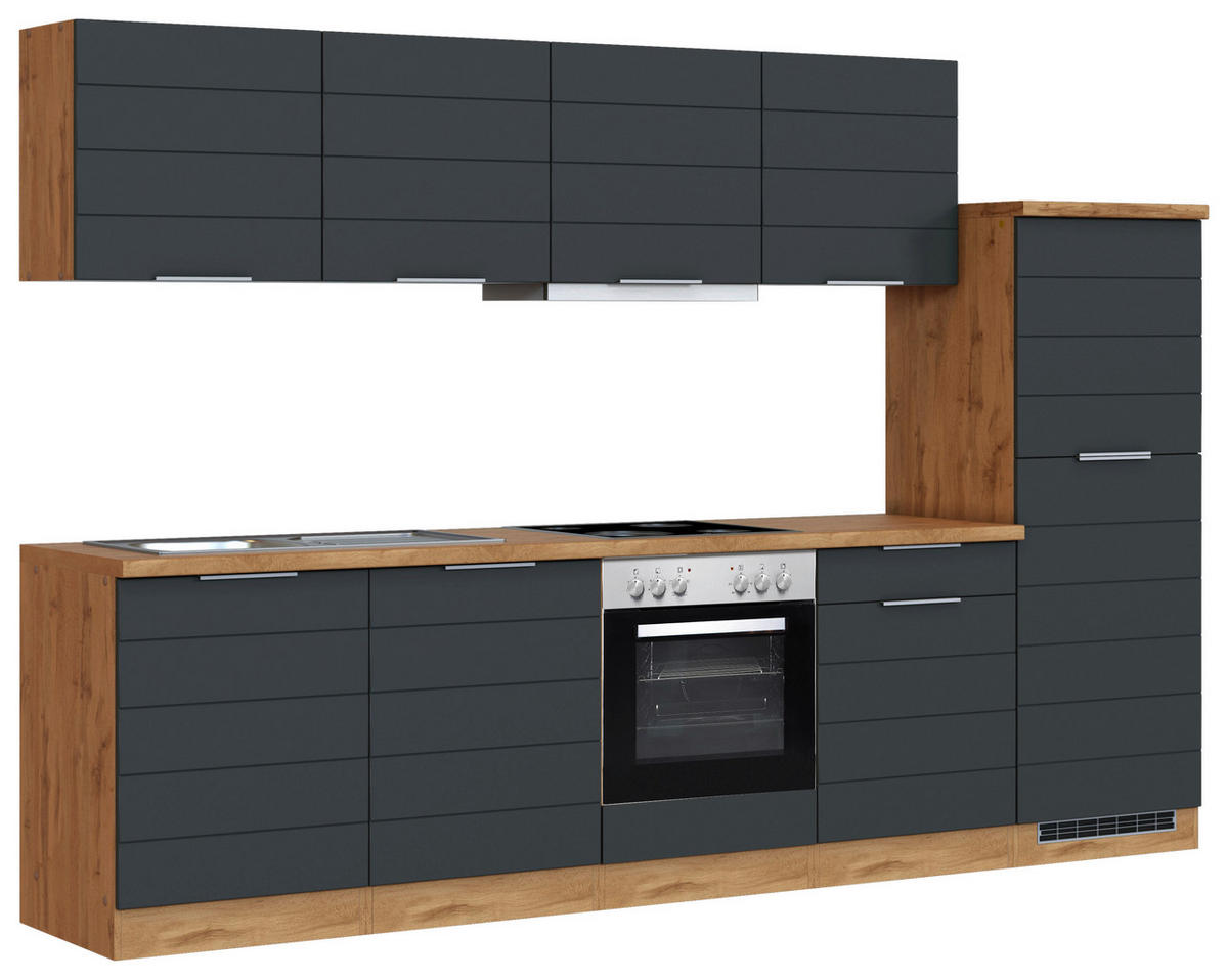 KÜCHENBLOCK 300 cm   in Grau, Eiche Wotan  - Eiche Wotan/Grau, Design, Holzwerkstoff/Metall (300cm) - Held