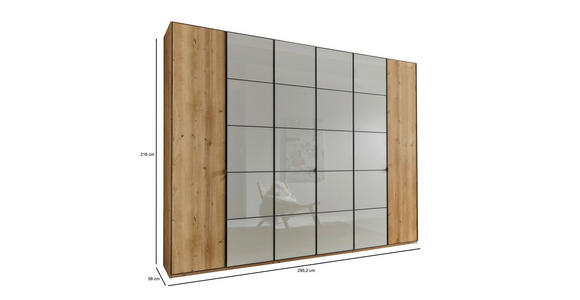 DREHTÜRENSCHRANK 300/216/58 cm 6-türig Champagner, Eiche Bianco - Schieferfarben/Eiche Bianco, Design, Glas/Holzwerkstoff (300/216/58cm) - Novel
