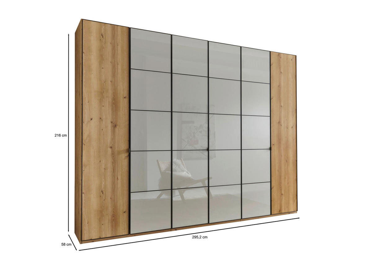DREHTÜRENSCHRANK in Champagner, Eiche Bianco  - Schieferfarben/Eiche Bianco, Modern, Glas/Holzwerkstoff (300/216/58cm) - Novel