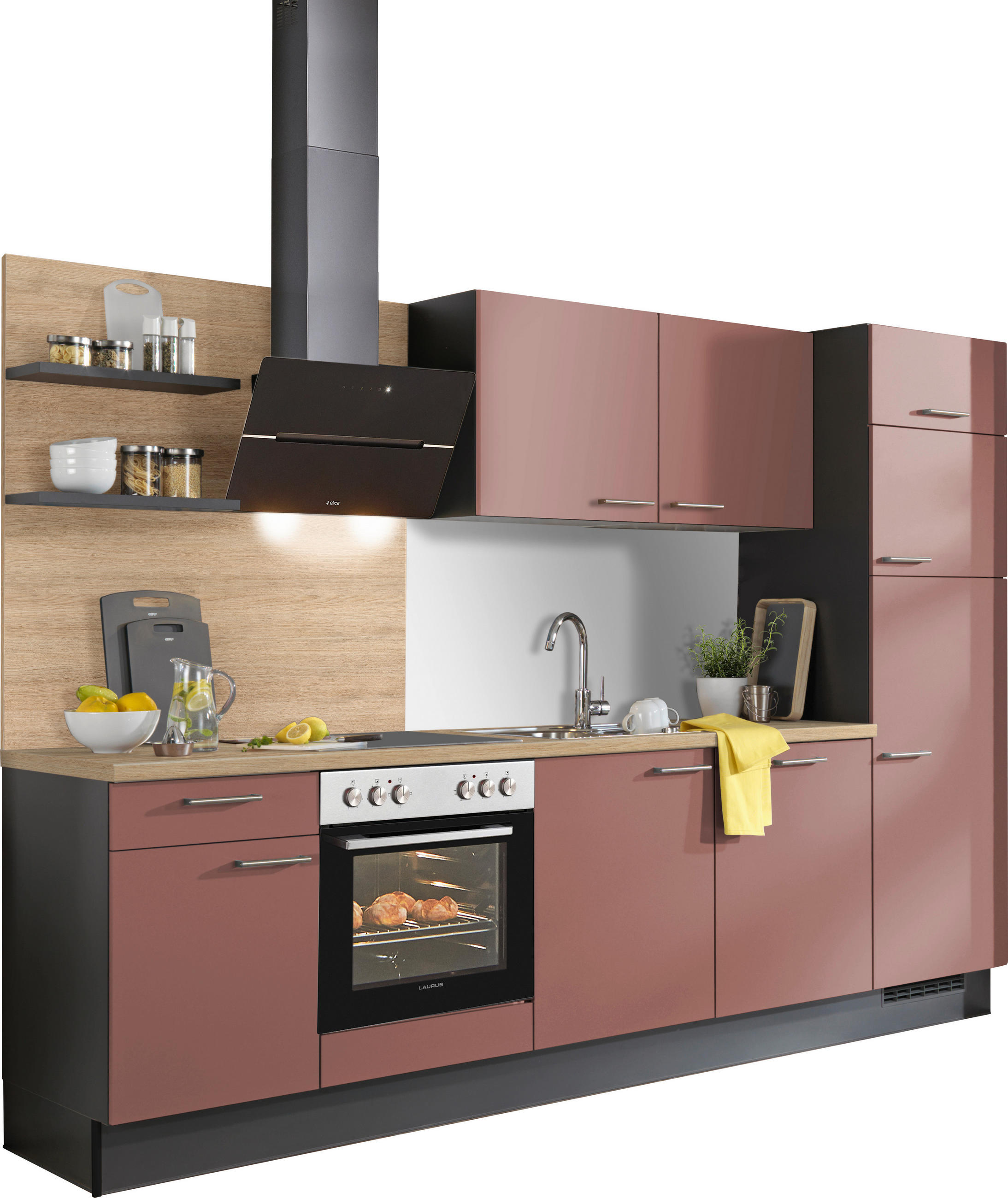 KÜCHENBLOCK XO 15 290 cm  in Graphitfarben, Rot, Eichefarben  - Edelstahlfarben/Eichefarben, Design, Holzwerkstoff/Metall (290cm) - Xora