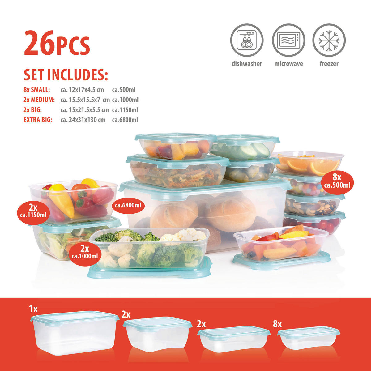 FRISCHHALTEDOSENSET 13-teilig  - Transparent, Basics, Kunststoff (30,5/24/13cm) - Alpina 6287