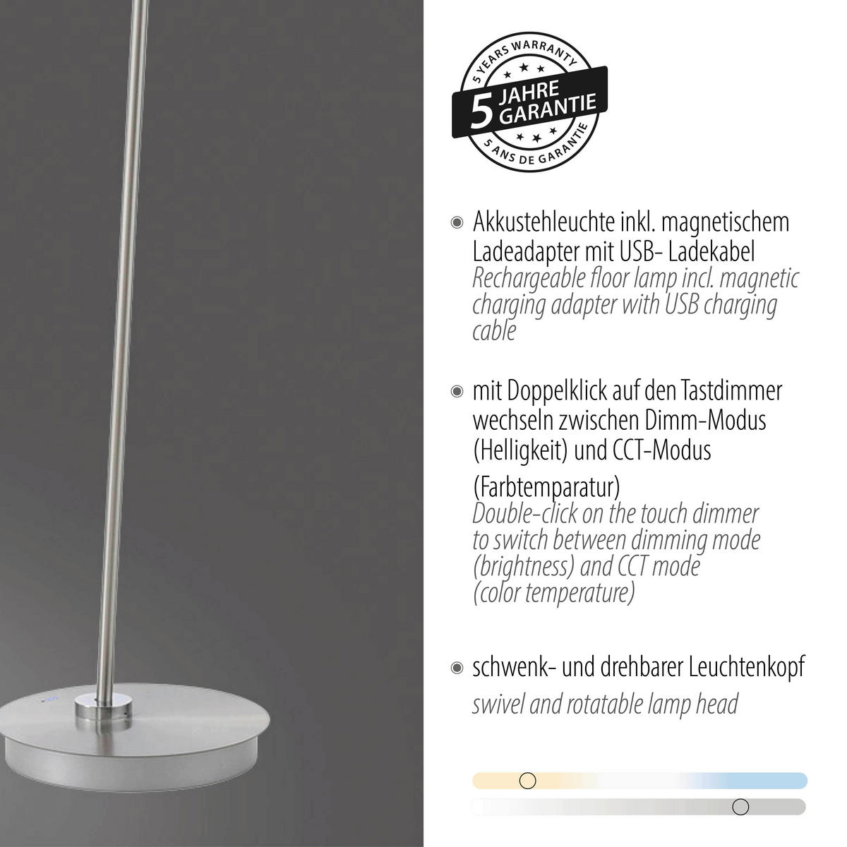 AKKU-STEHLEUCHTE Bente 42/42/160 cm  - Edelstahlfarben, Design, Kunststoff/Metall (42/42/160cm)