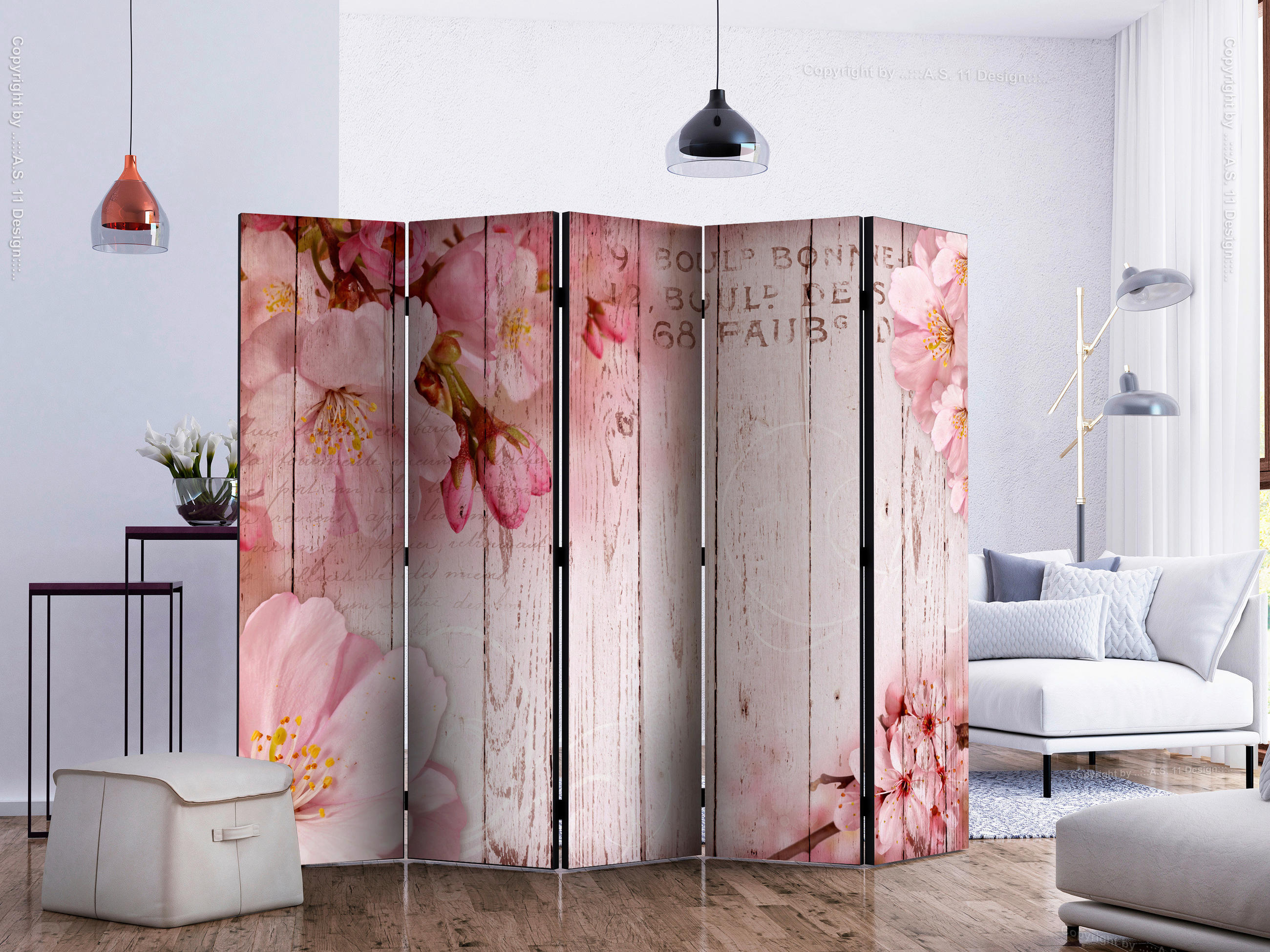 PARAVENT mit 5  Flügel - Pink/Hellrosa, Basics, Holz/Textil (225/172/3cm) - artgeist