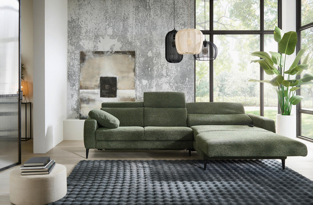 ECKSOFA Grün Chenille  - Schwarz/Grün, KONVENTIONELL, Textil/Metall (300/177cm) - Valdera