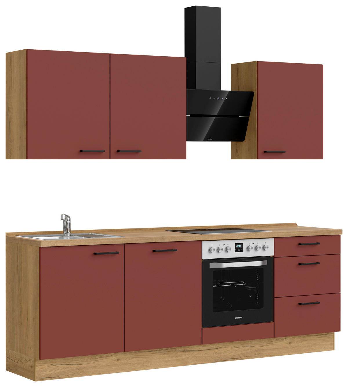 KÜCHENBLOCK Easytouch 240 cm  in Eichefarben, Dunkelrot  - Eichefarben/Schwarz, MODERN, Holzwerkstoff/Metall (240cm) - Nobilia