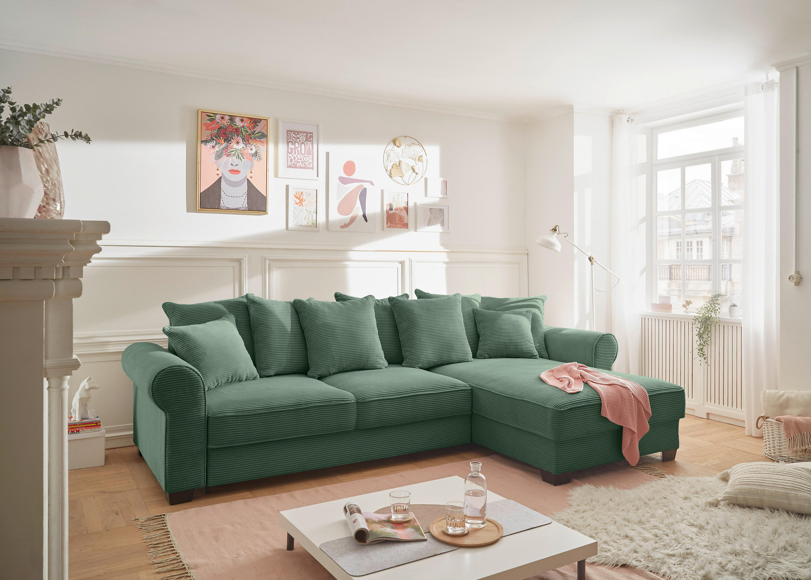 ECKSOFA Dunkelgrün Cord  - Dunkelgrün/Schwarz, KONVENTIONELL, Kunststoff/Textil (318/197cm) - Hom`in