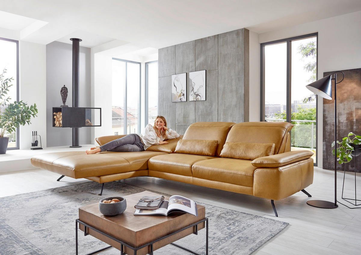ECKSOFA in Echtleder Hellbraun  - Hellbraun/Schwarz, Design, Leder/Metall (328/193cm) - Dieter Knoll