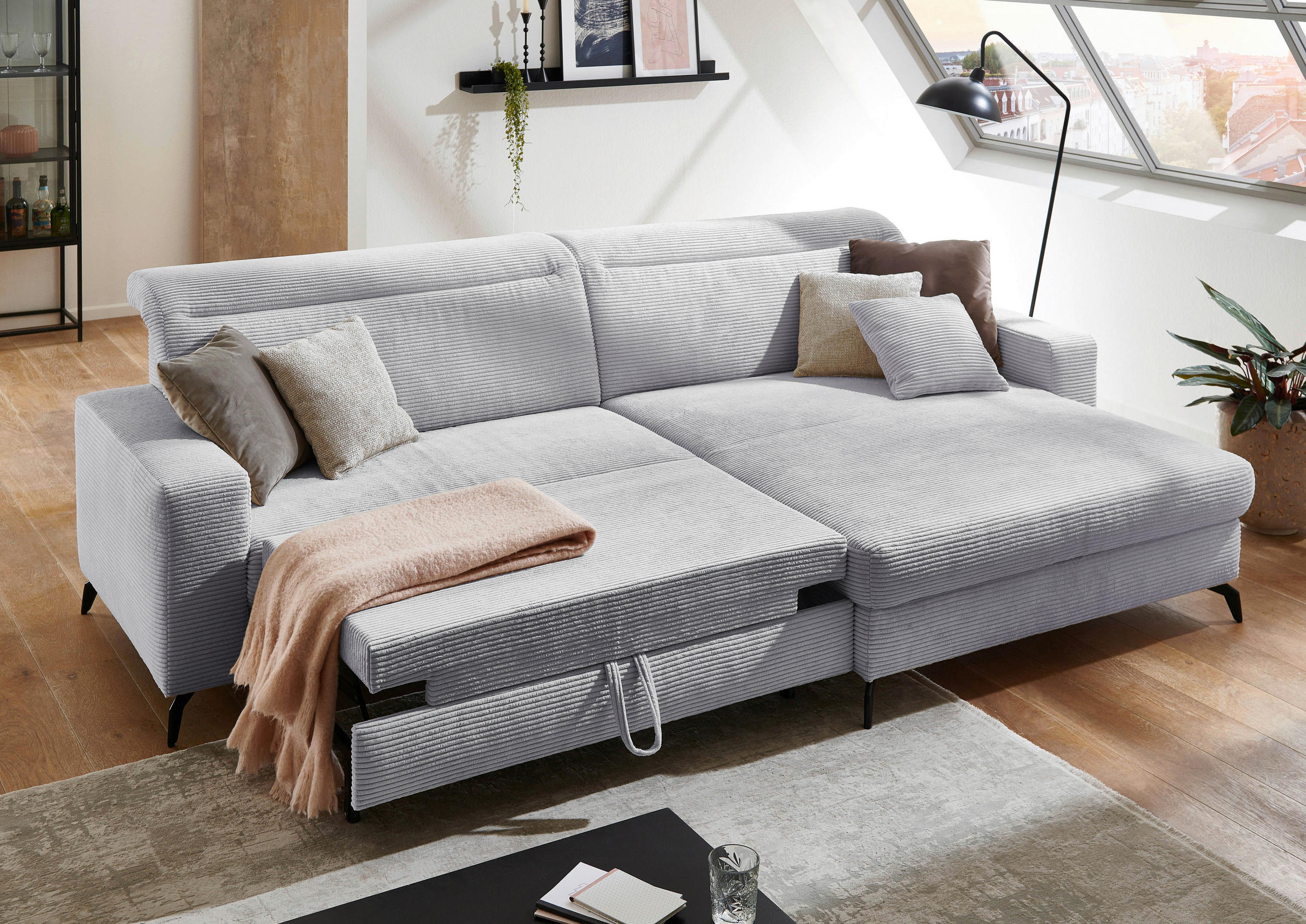 ECKSOFA in Cord Hellgrau  - Hellgrau/Schwarz, Konventionell, Textil/Metall (290/178cm) - Sit & More