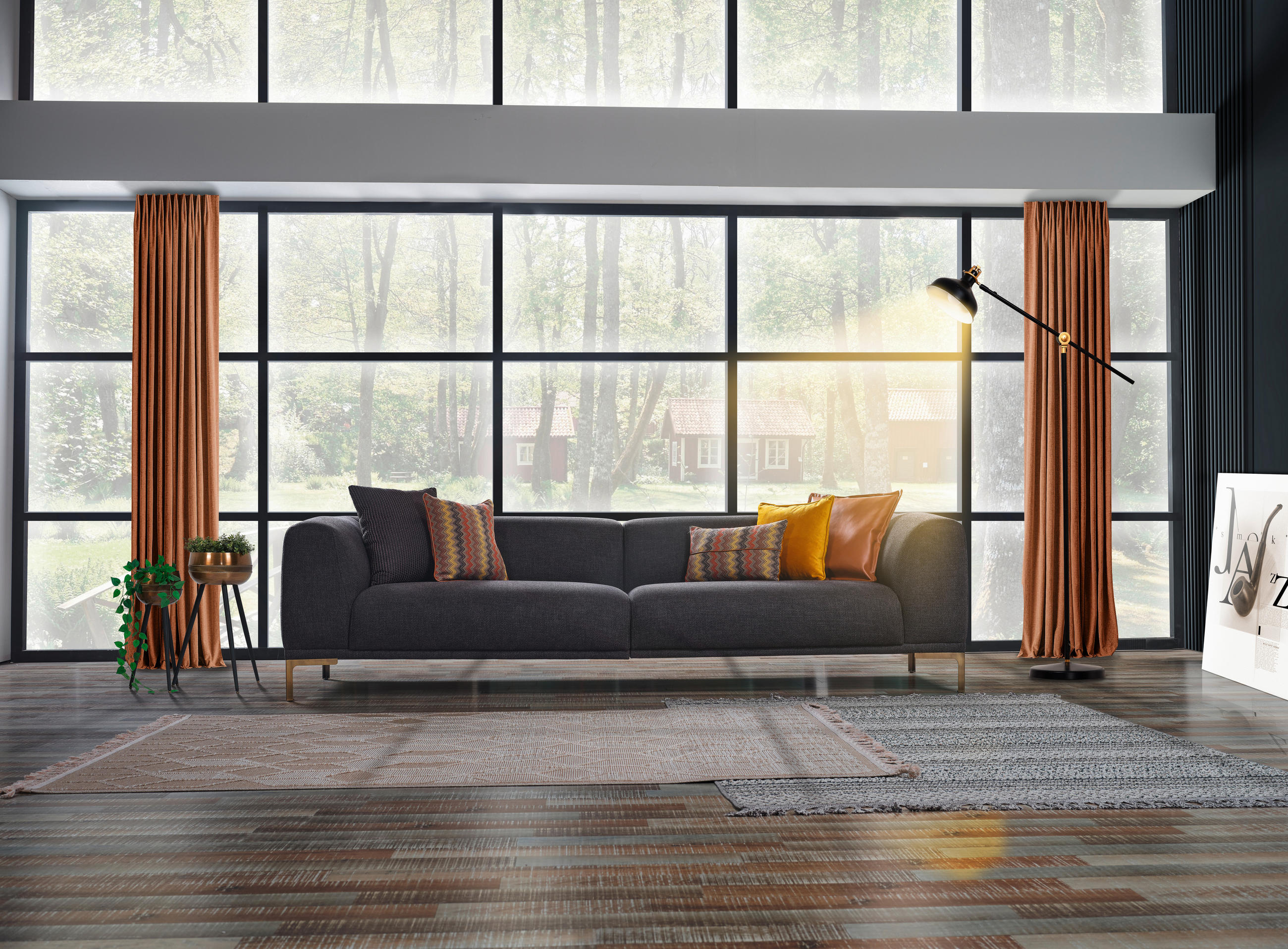 VIERSITZER-SOFA in Leinenoptik Anthrazit  - Anthrazit/Messingfarben, Design, Textil/Metall (286/74/98cm) - Livetastic